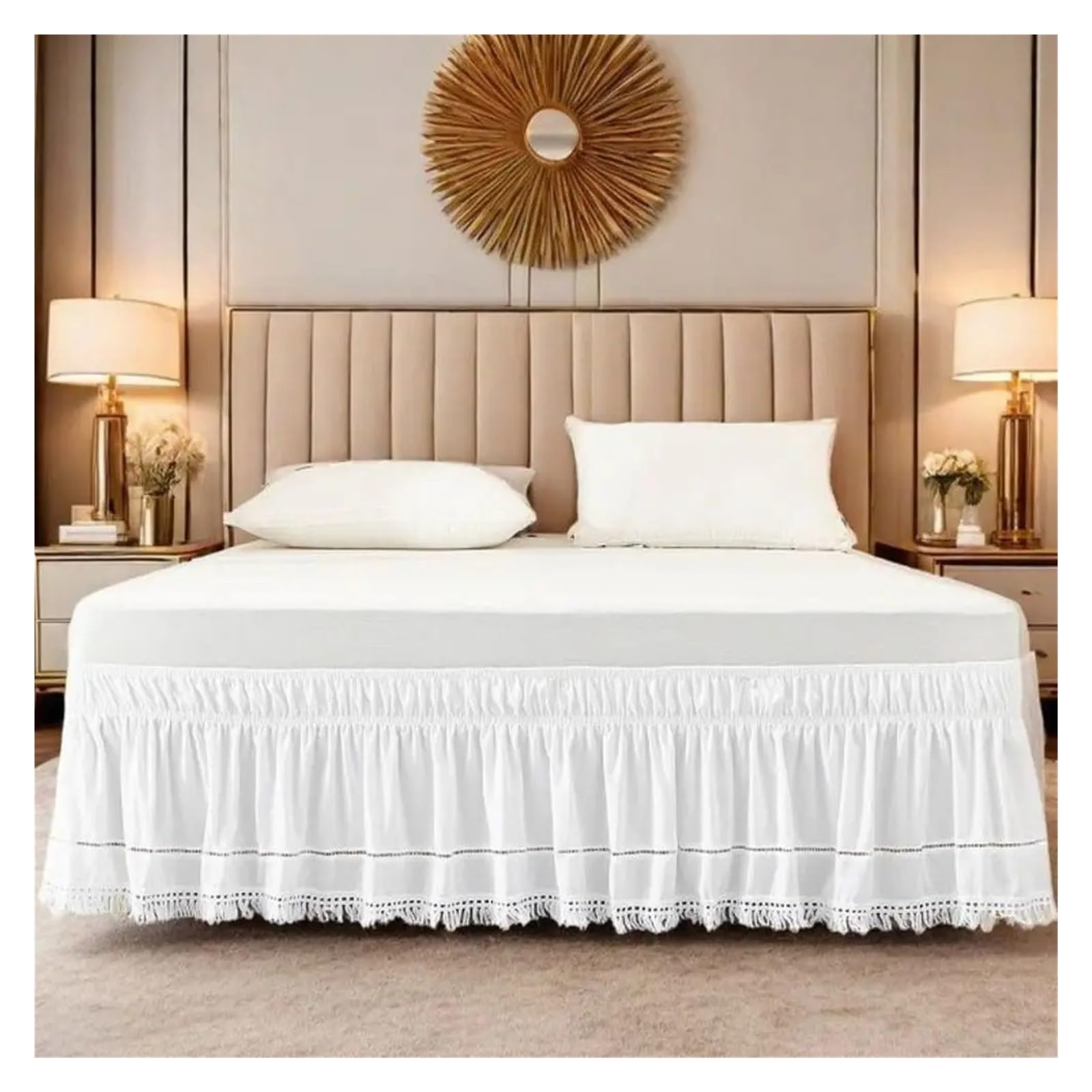 Faldón de Cama elástico Envolvente Práctica Falda de Cama elástica Blanca con Flecos, Colcha Volantes a Prueba Polvo, romántica for Cubrir Debajo la, Inn(60Inx80In)