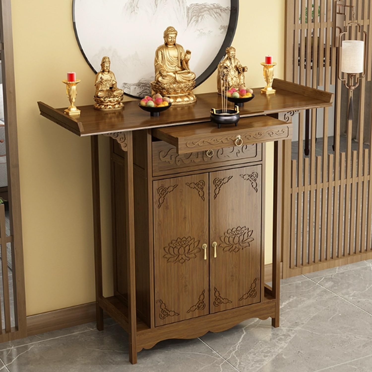 MESCXTY Meditation Altar Table with Storage Drawer, Buddhist Shrine Cabinet for Home, Retro Style Wooden Offering Buddha Statues, Candles & Incense Burners(120cm/47.2in)