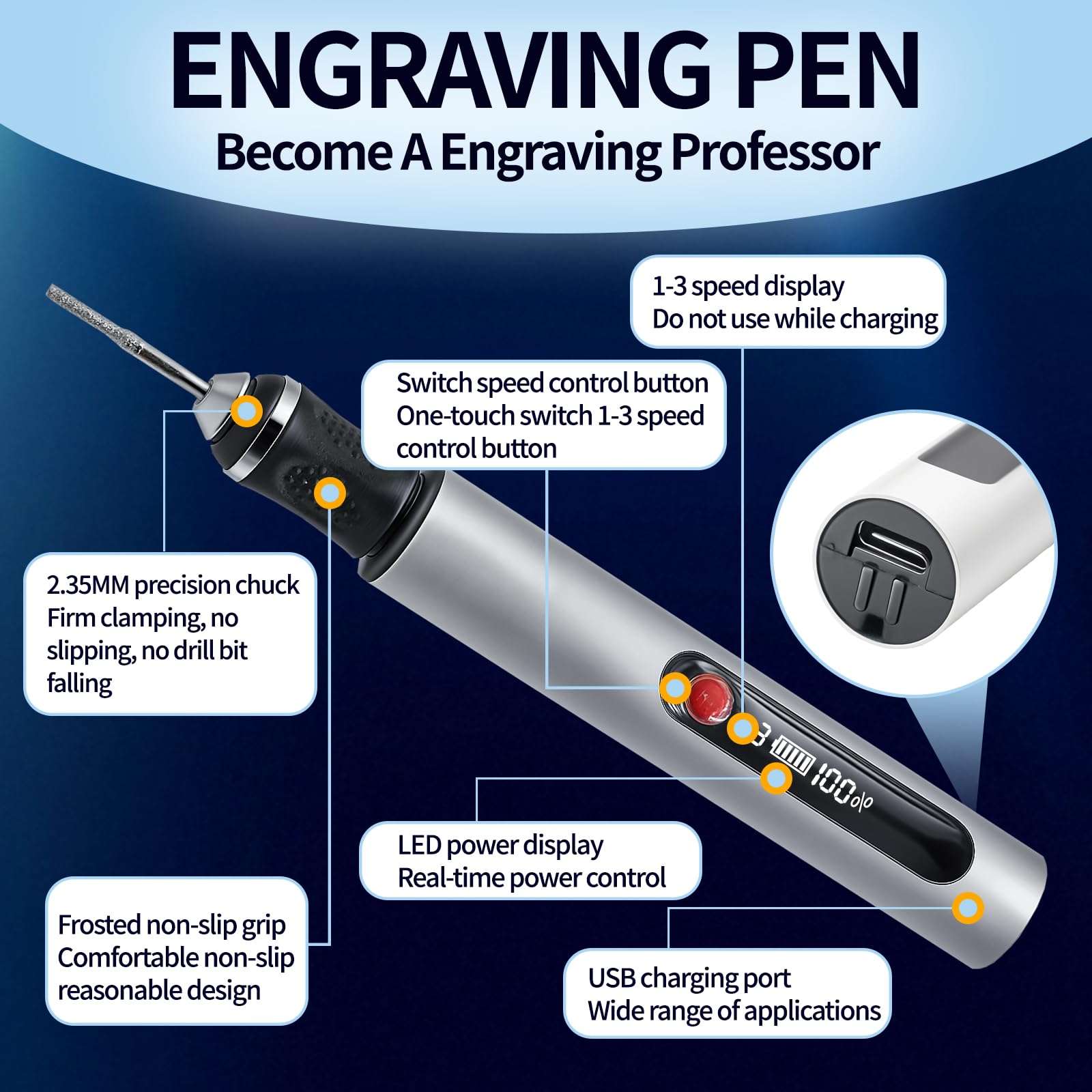 Stylo de gravure électrique avec 30 bits, mini outil de gravure, régulateur à 3 vitesses à 25 000 tr/min, appareil de gravure rechargeable USB pour verre, bois, plastique, céramique pour artistes et
