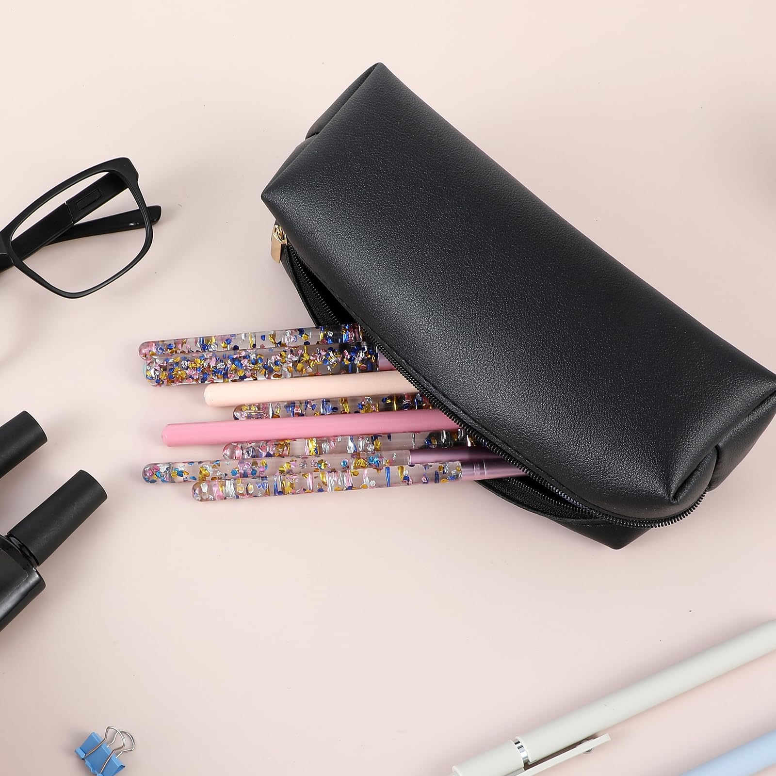 Small Pencil Case,Leather Pencil Case for Girls & Women Cute Aesthetic Black Zippered Pouch Portable Large Capacity Stationery Organizer & Cosmetic Bag for School College Office Travel - Image 3