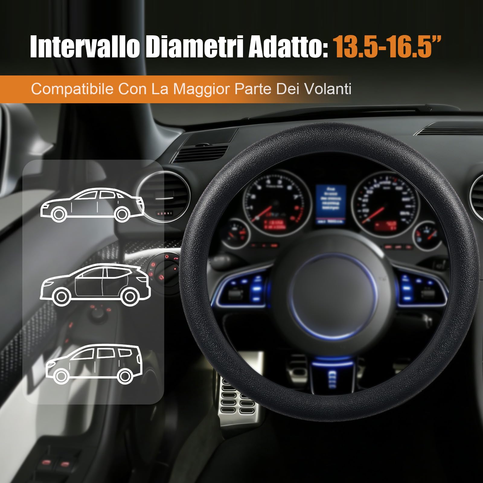 Coprivolante Auto Universale in Silicone Antiscivolo 33-42 cm, Housse Protettiva Elegante e Facile da Pulire, Accessorio per Auto, SUV e Camion – Nero