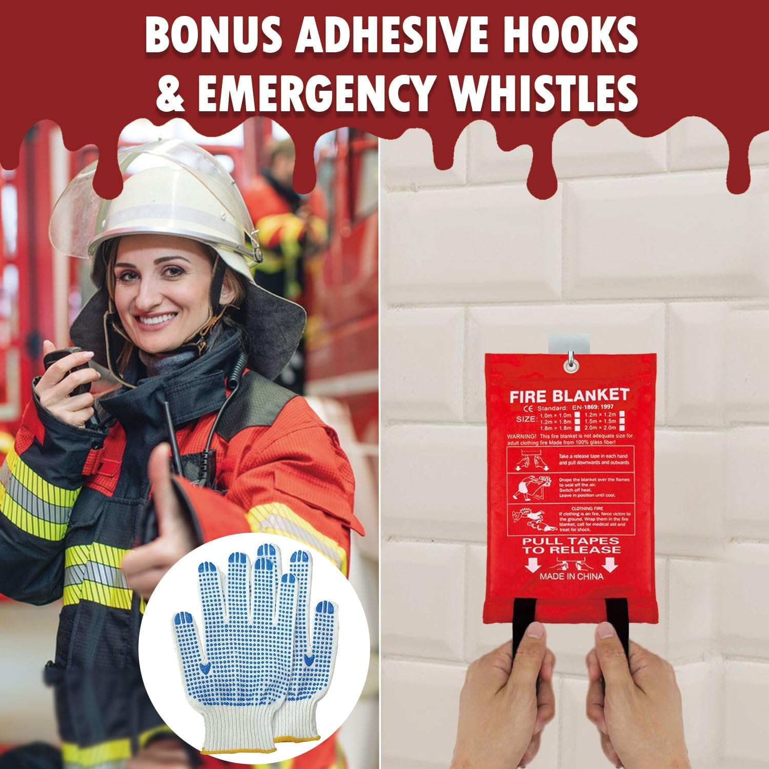 MDH Fire Blanket 40x40 inches Fiberglass w/Gloves Hooks Whistle - Fireproof Safety for Home Kitchen Restaurant House - Fire Suppression Reusable (Fire Blanket 2-Pack) - Image 6