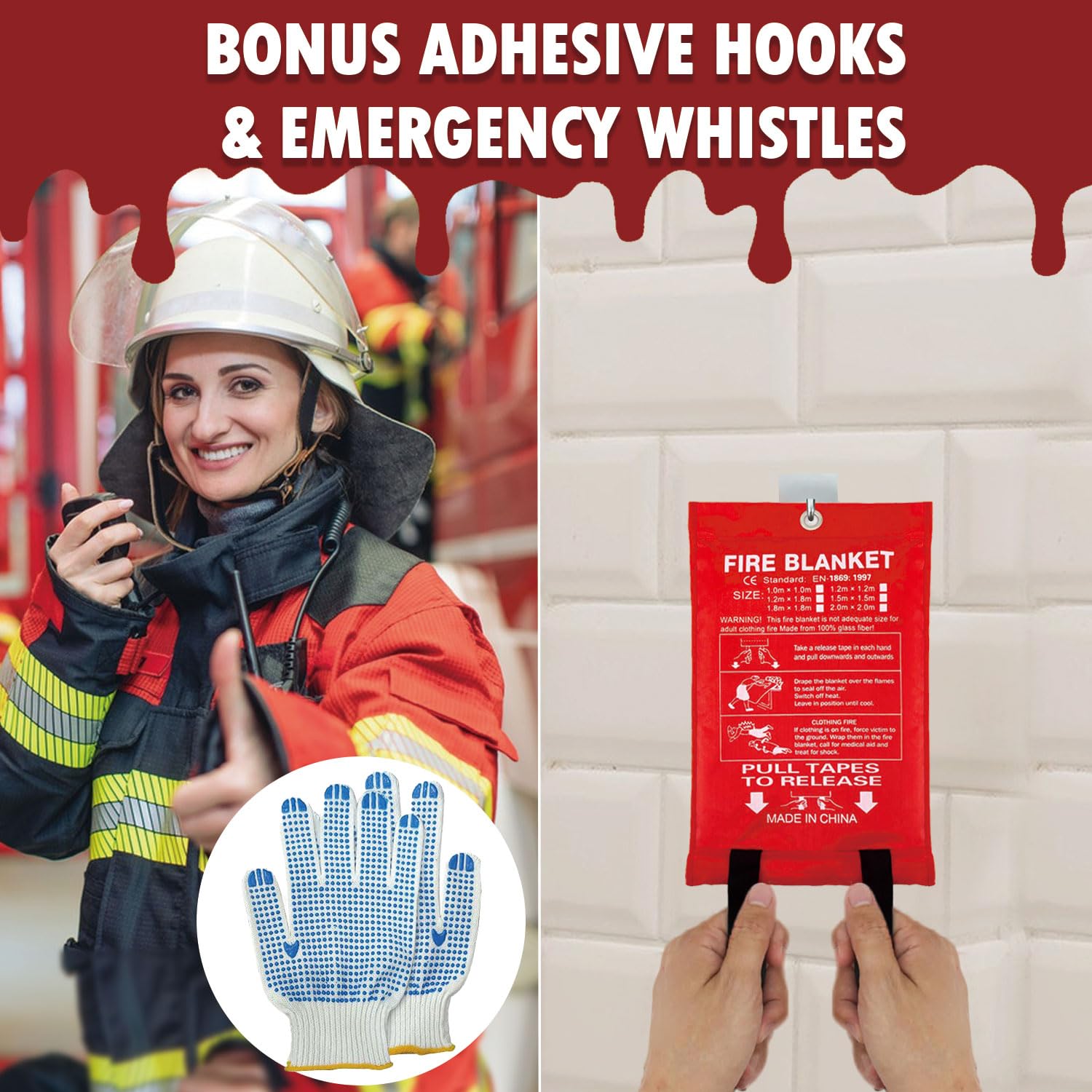 MDH Manta ignífuga de fibra de vidrio de 40 x 40 pulgadas con guantes, ganchos y silbato, seguridad ignífuga para el hogar, cocina, restaurante, casa, reutilizable (manta ignífuga paquete de 2)