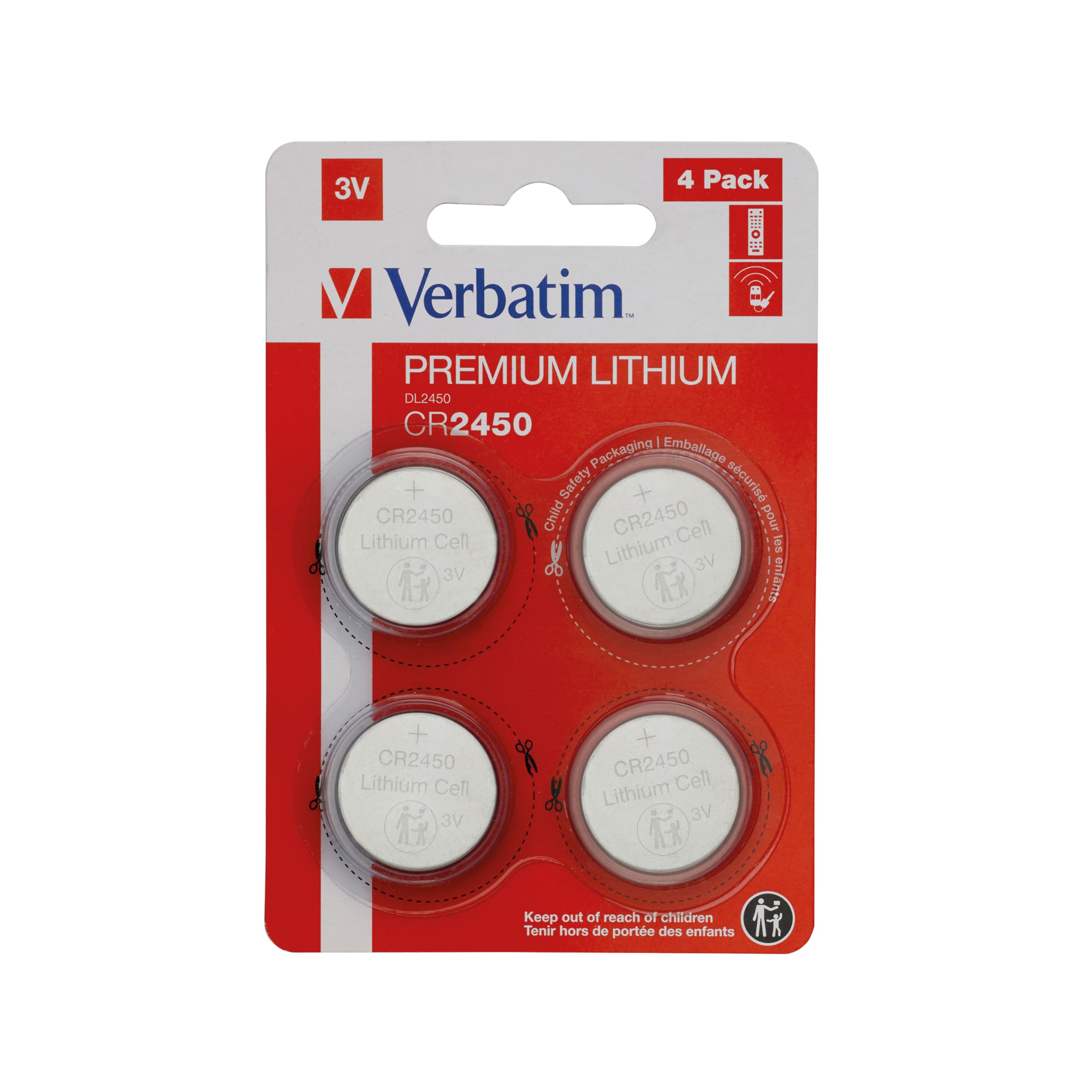 VERBATIM Batterie a bottone al litio Premium CR2450 Confezione da 4 3V 580mAh - Pile a bottone al litio per orologi chiavi della macchina telecomandi fotocamere giochi ecc - Cella a bottone