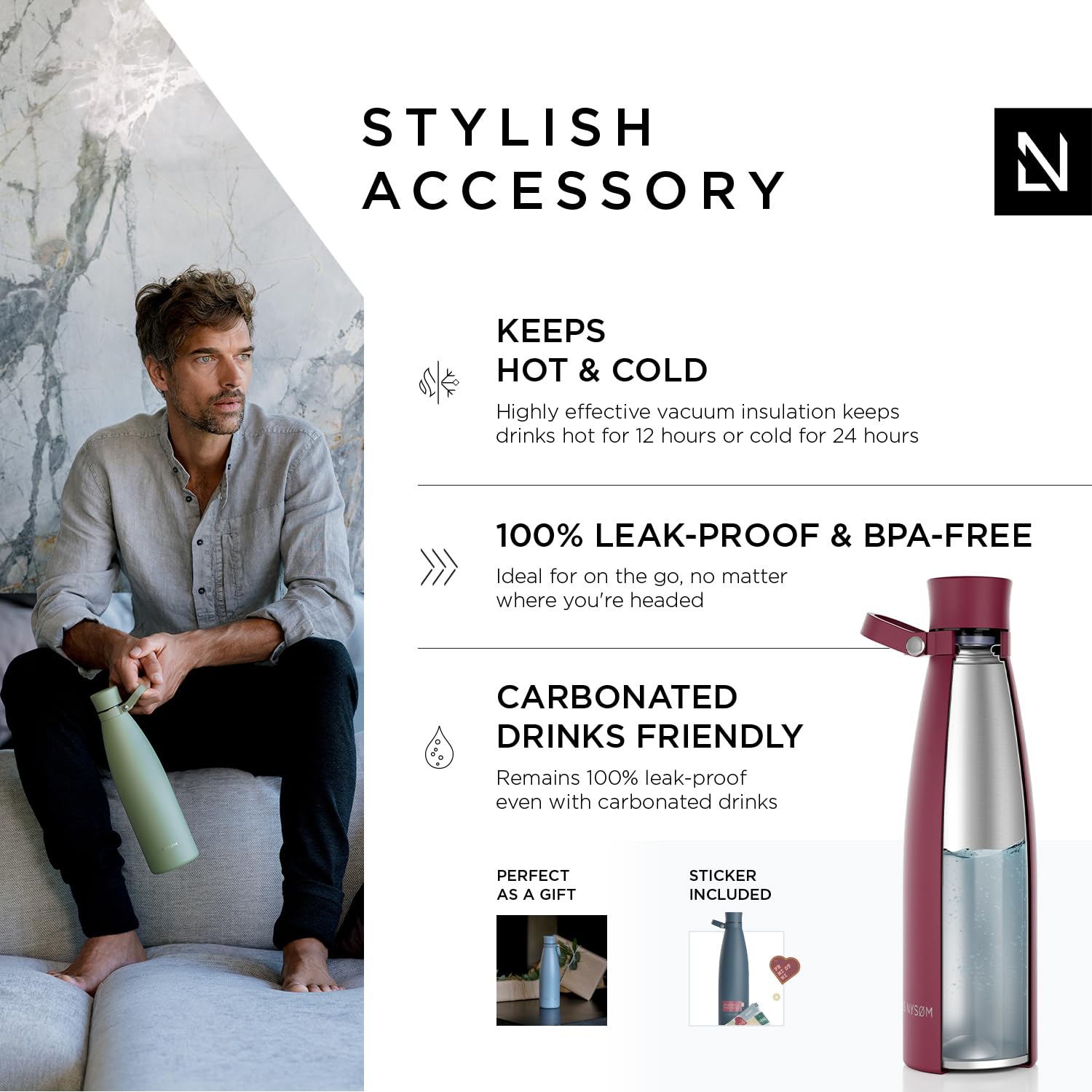 LARS NYSdiameter M Stainless Steel Insulated Water Bottle 750ml, 1L, Berry Red, 750 ml - Image 2