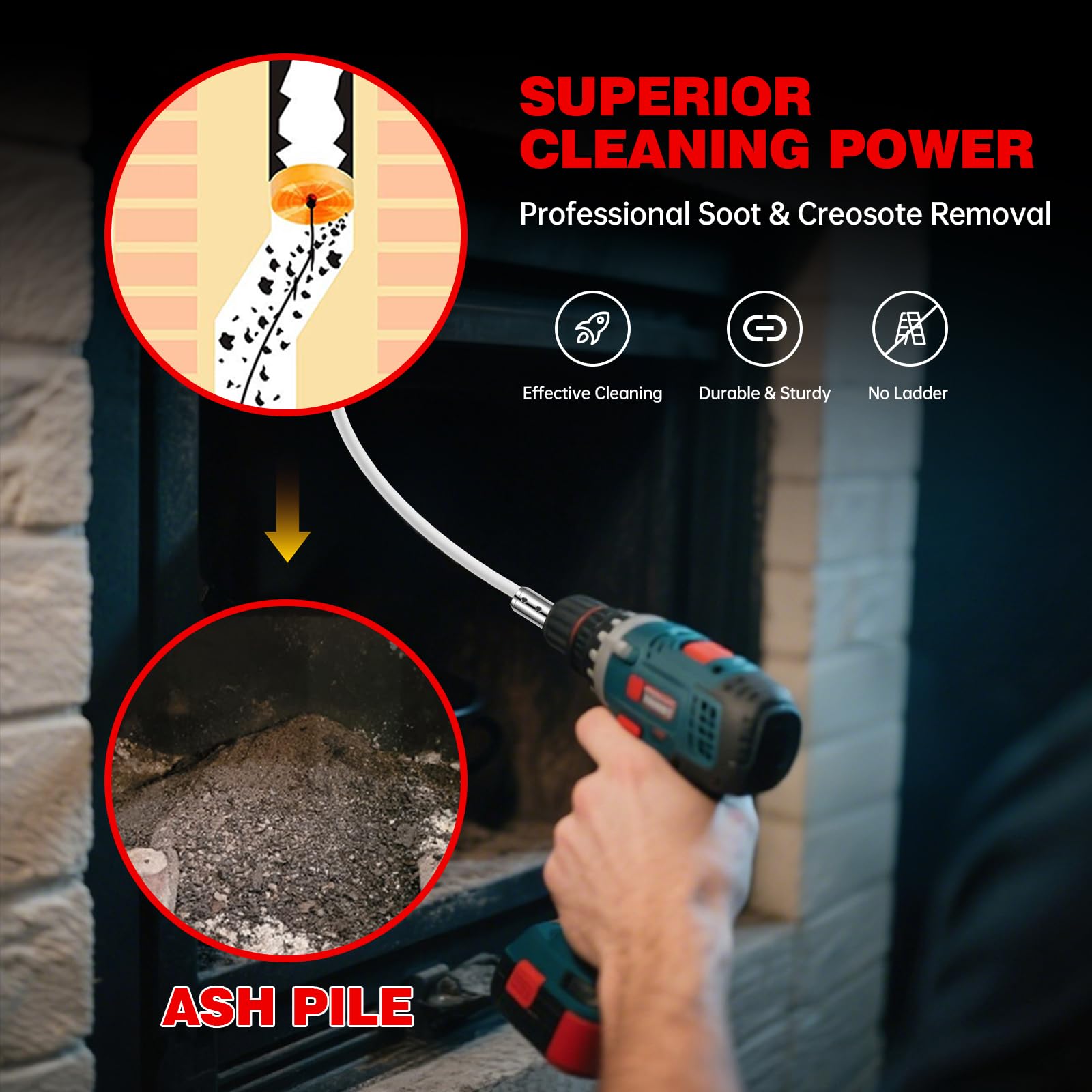 Kit de Barrido de Chimenea de 39 pies, Sistema de Bloqueo de botón Cromado, Kit de Limpieza de Chimenea, Cepillo de Chimenea, Herramienta de Limpieza de Chimenea, Sistema de Limpieza de