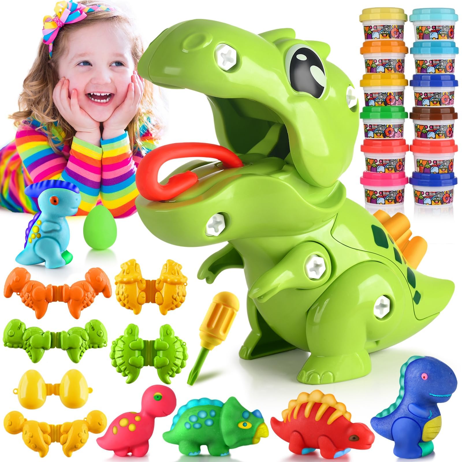 Dinosaur Dough for Kids Play Tool Set for Toddlers, Kitchen Creations Playset and DIY Toy Set, Dough Birthday Holiday Gift Dinosaur Toys for Kids 3-5 and Up Boys and Girls