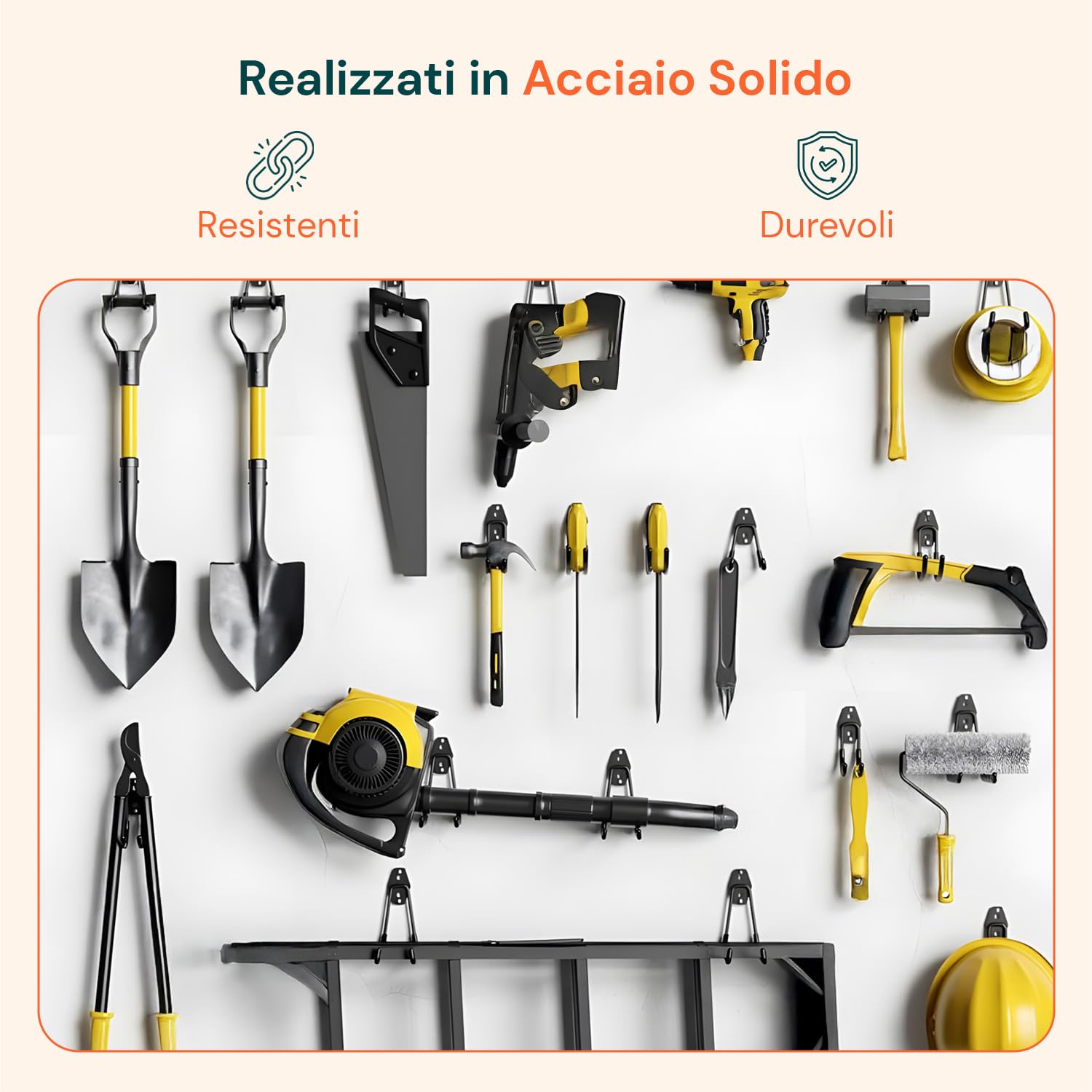 Set 16 Ganci da Parete per Garage e Officina – Porta Bici da Muro, Portabici e Porta Attrezzi da Giardino in Acciaio con Rivestimento PVC Antiscivolo – Organizer Garage Salvaspazio