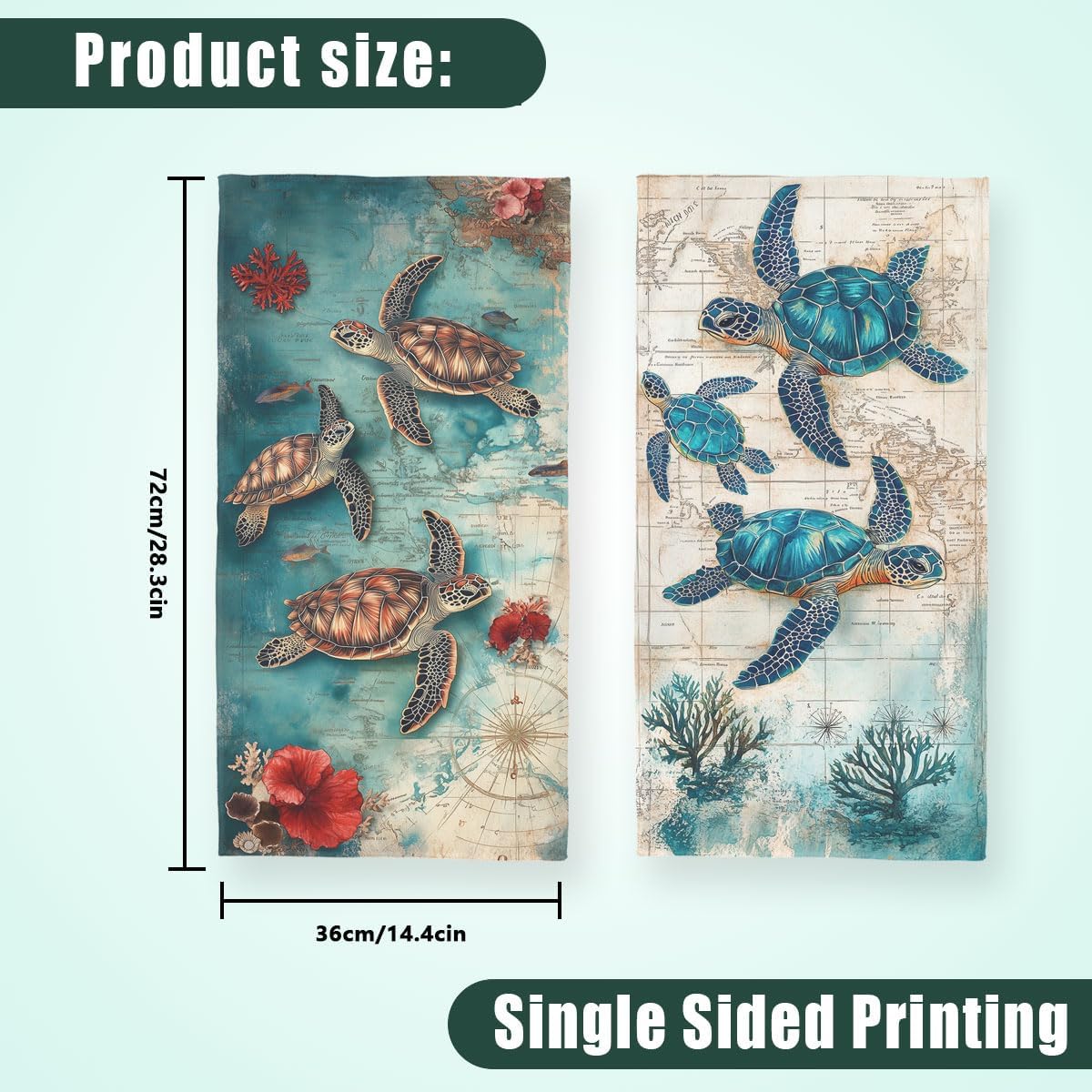 Sea Turtle Bath Hand Towels Set of 2 Absorbent Antique Nautical Map Teal Watercolor Decorative Hand Towels Set for Bathroom Gym Hotel Spa Bathroom Hand Towels Gifts for Women Man 14"x28" - Image 3