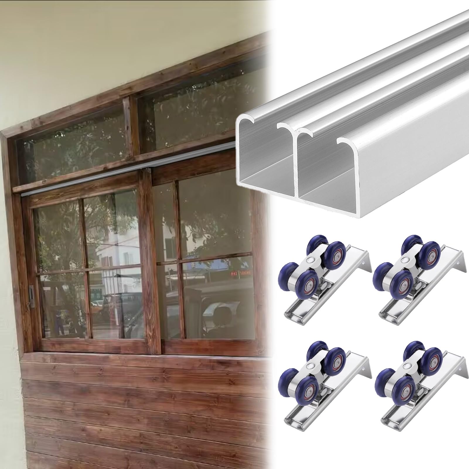 Sliding Door Track, Bypass Double Sliding Pocket Door Hardware Kit Aluminum Champagne Silver(Silver,25ft/7.6m)