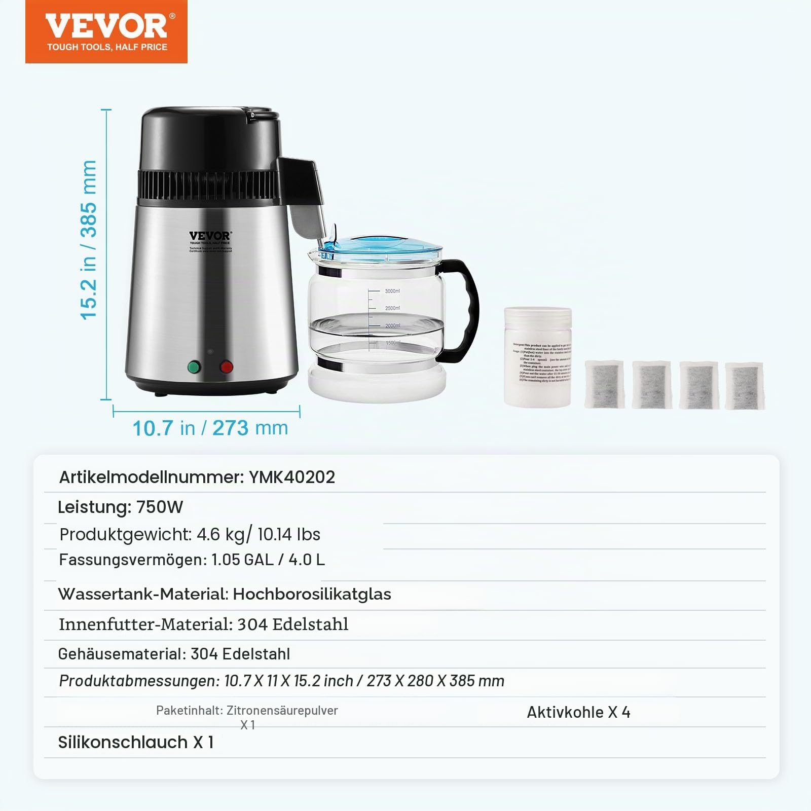 VEVOR Wasserdestilliergerät, 4 l, Destilliermaschine, 1 l/h, 24 l/Tag, innen aus lebensmittelechtem Edelstahl, hohe Effizienz bei der Reinigung von Leitungswasser