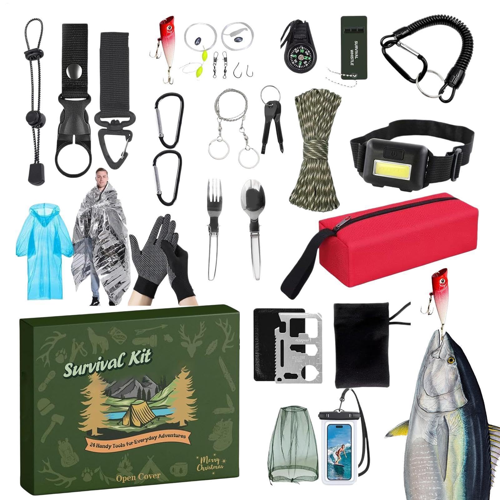 Adviento del Kit de Supervivencia: de Regalo de Cuenta Regresiva | Kit de supervivencia de 24 días de tela y ABS de Metal, calendario de Adviento con equipo para actividades al aire libre, par