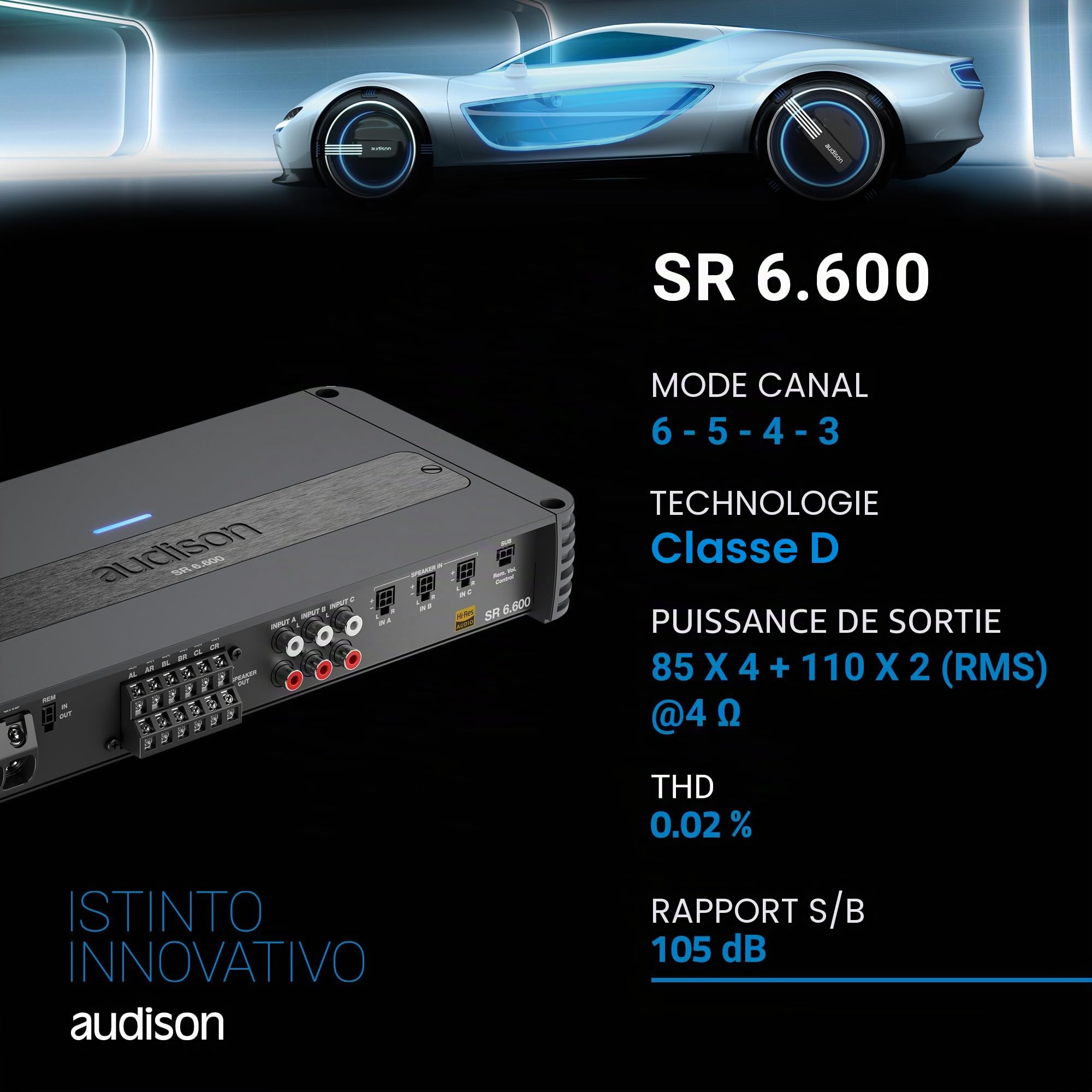 Audison SR 6.600 amplificateur 6 canaux 4x140 W + 2x185 W sous 2 Ohm | classe D, THD 0,05%, S/N 102 dB, filtre réglable, entrées haut et bas niveau, bass boost réglable