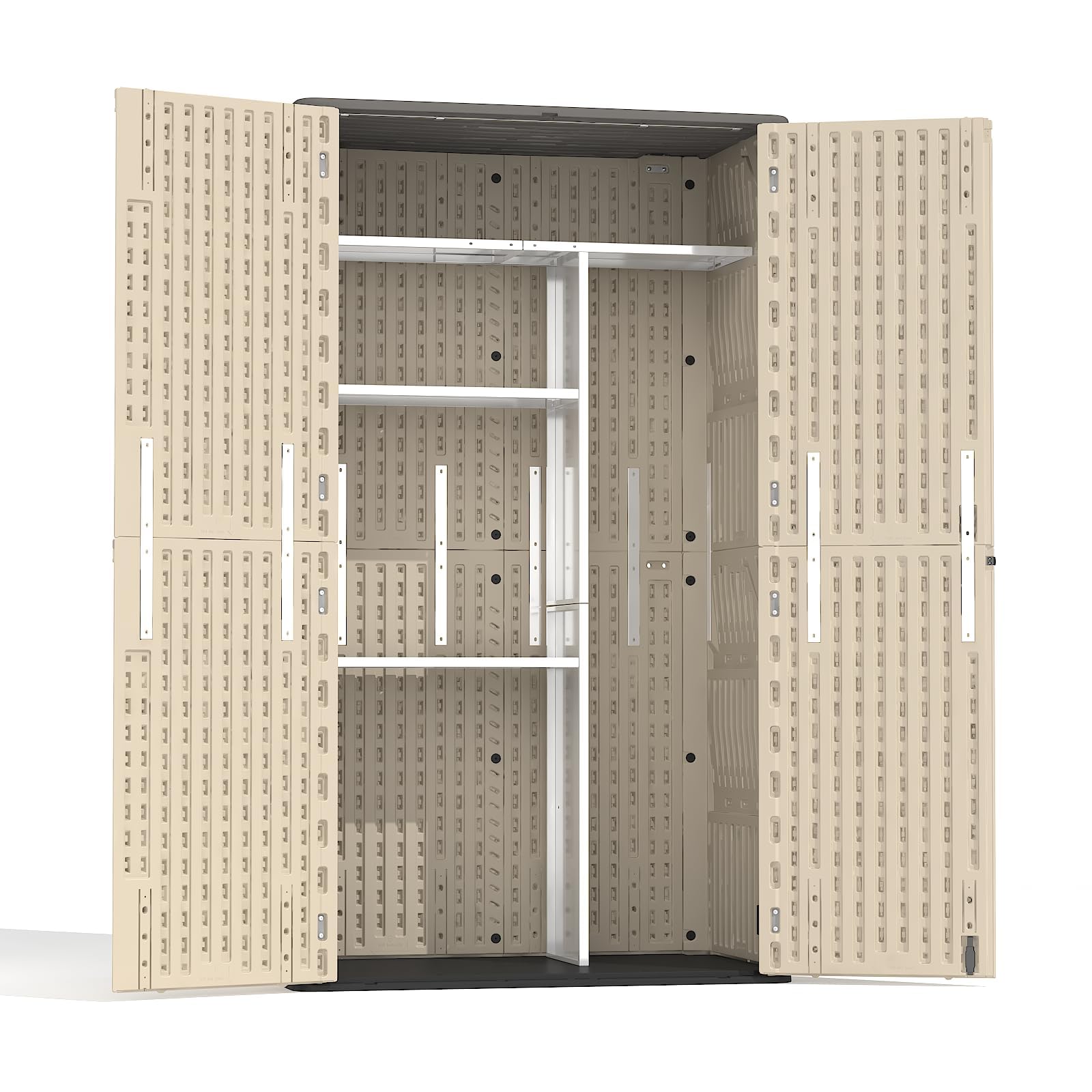 7x4 Ft Outdoor Storage Shed with Metal Shelving Kit, Waterproof Resin Storage Cabinet with Floor, All-Weather Tall Vertical Garden Shed for Garage, Patio, Backyard, Porch (Khaki)