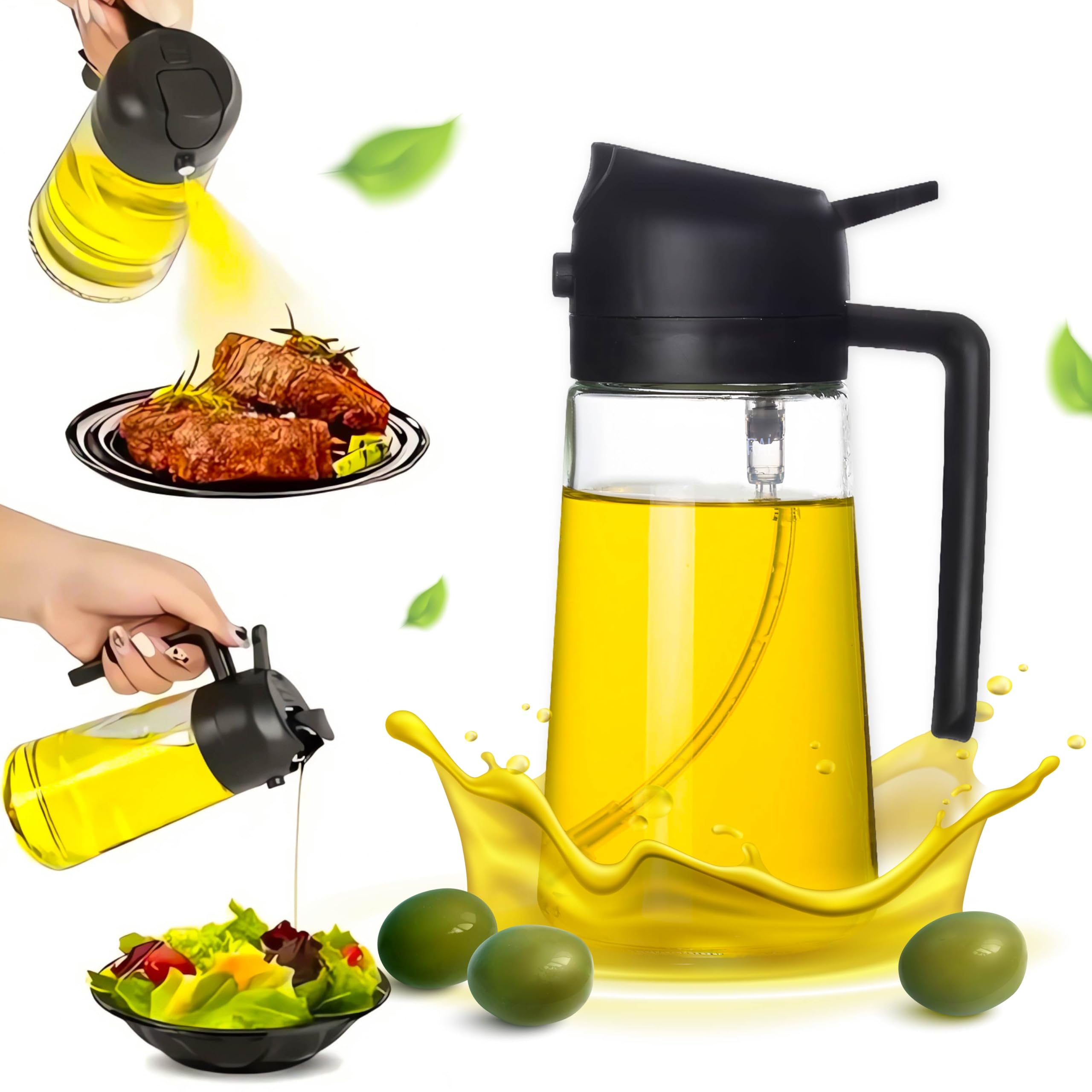 16oz Multifunction 2 in 1 Oil Dispenser and Sprayer Bottle - Large Capacity Glass Olive Oil Spritzer Mister Pourer for Kitchen, Cooking, Air Fryer, Salad, Frying, BBQ(Black)