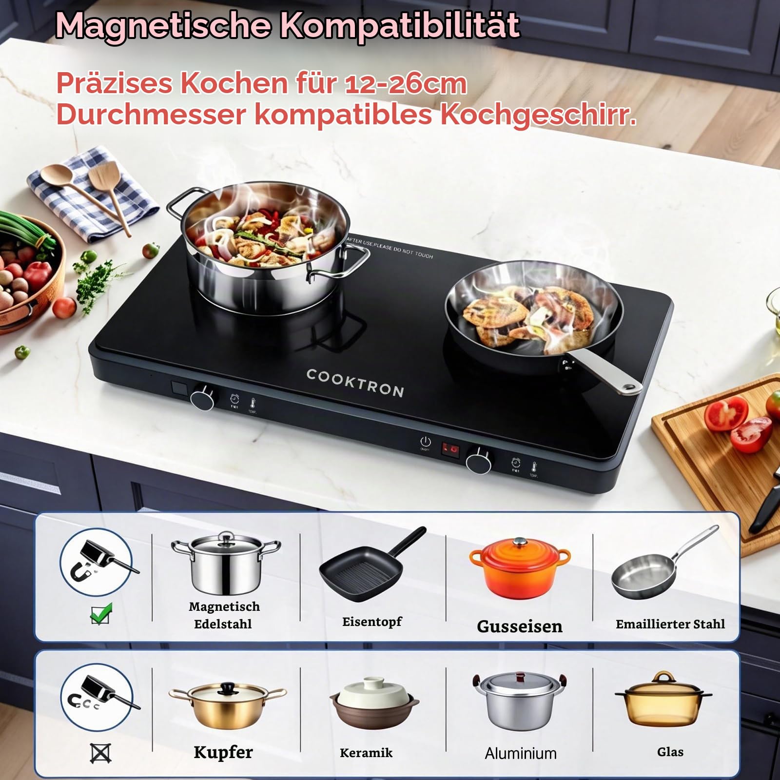 COOKTRON Induktionskochfeld 2 Platten 3500W, Induktionsplatte Doppelt Freistehend mit 10 Leistungsstufen, Touch & Drehknopf, 99 Min Timer, Mobil für Küche und Camping