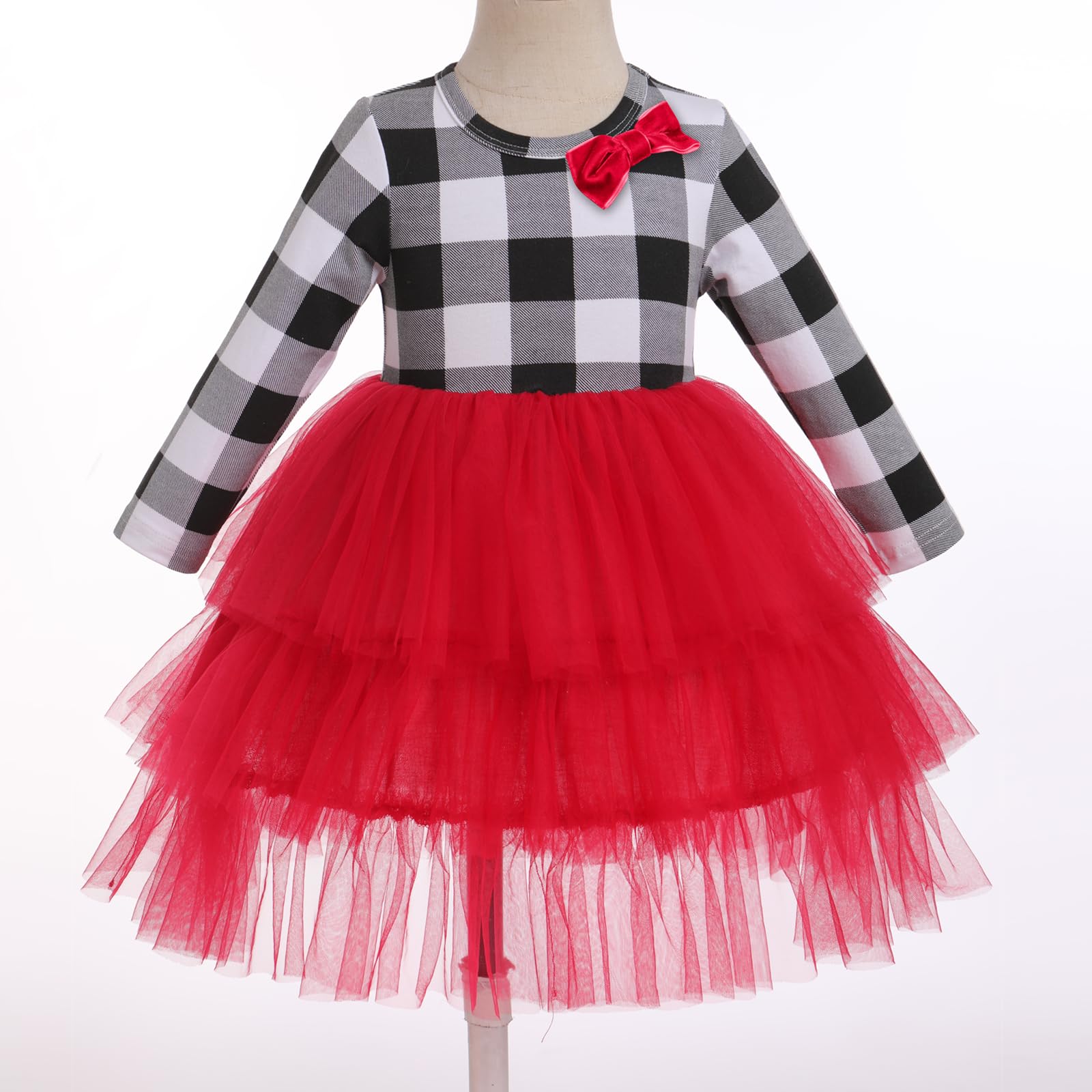 IDOPIP Toddler Baby Girls Christmas Plaid Tutu Dress with Headband Long Sleeve Princess Birthday Party Dresses Fall Winter Clothes 2PCS Kids Vintage Holiday Casual Dress Outfits White 2-3 Years