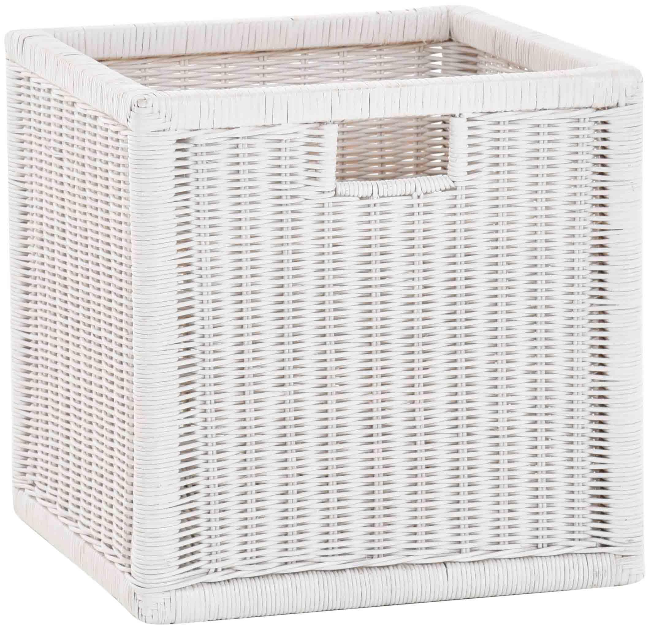 Kosz outlet zestaw / 2 koszyki regałowe, białe, ok. 36 x 36 x 36 cm, z drewnianą ramą, rattan, do przechowywania, kosz do szafy, uchwyt