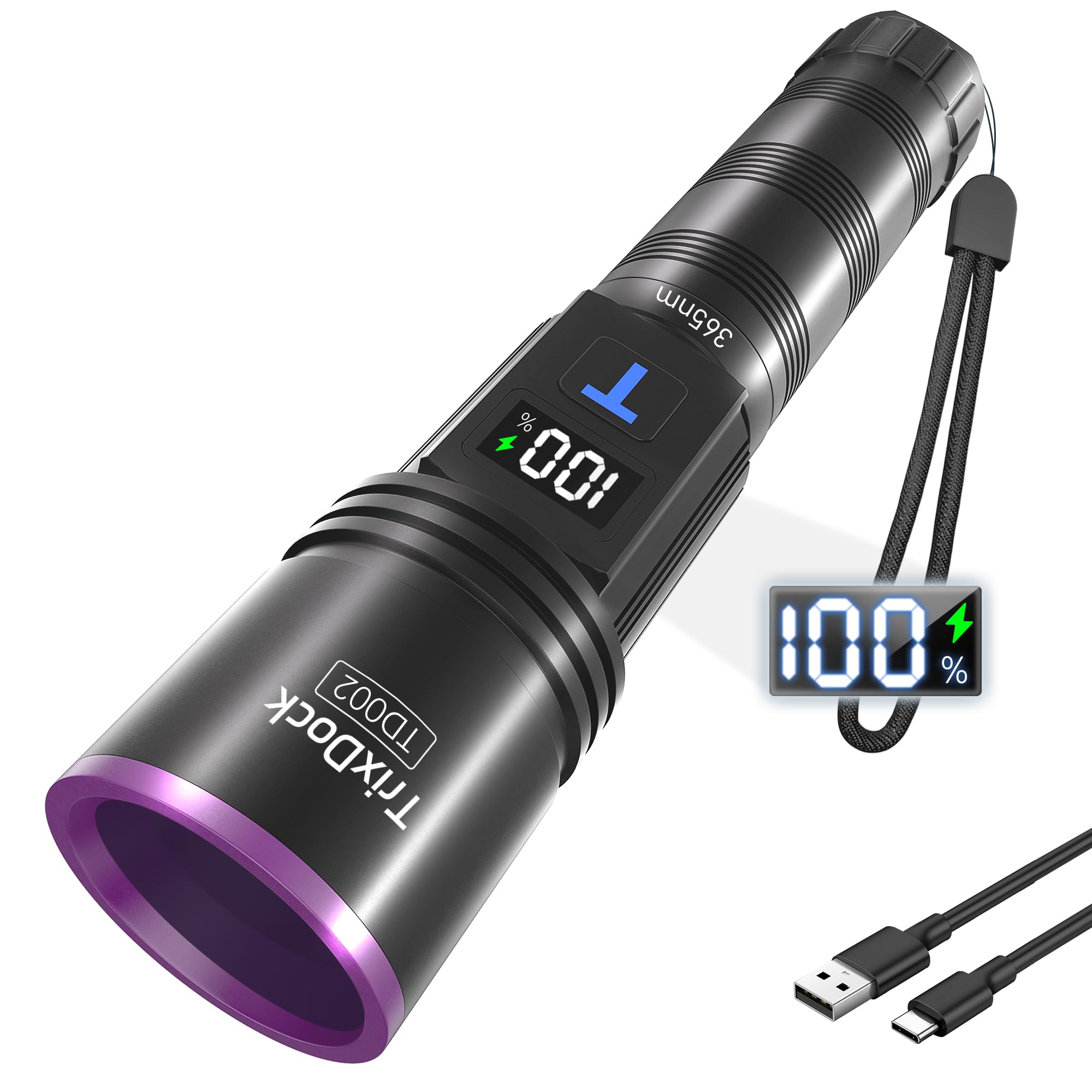 TrixDock UV Torch 365nm Black Light, Rechargeable UV Light Rechargeable with LCD Display, Powerful Ultraviolet Torch for Pet Urine, Stain, Bed Bugs and More [Energy Class A+++]