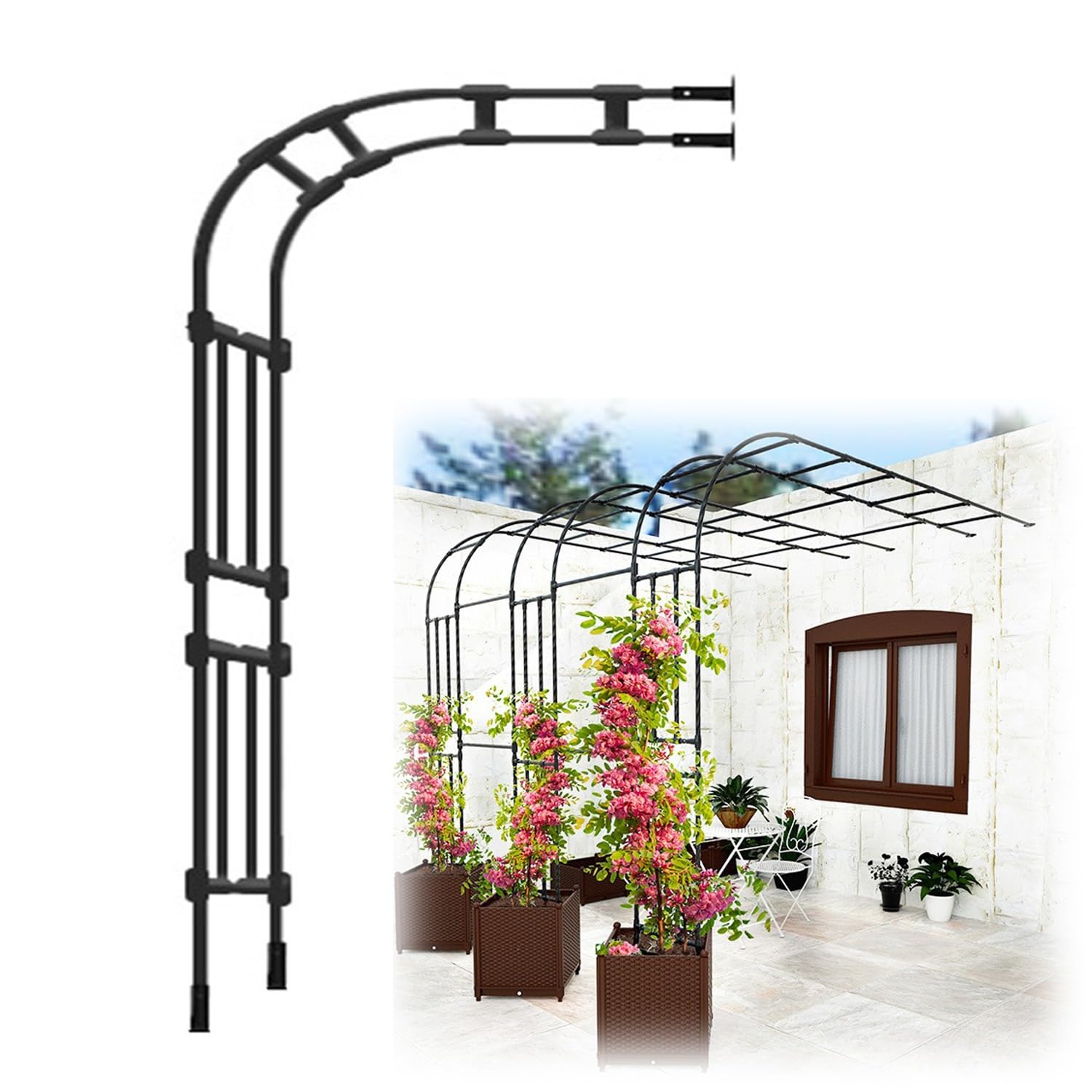 Naścienna stalowa kratka ogrodowa do roślin pnących, kwiatów i warzyw, łatwa instalacja, wytrzymałe wsparcie (czarna, 150 x 240 x 45 cm)