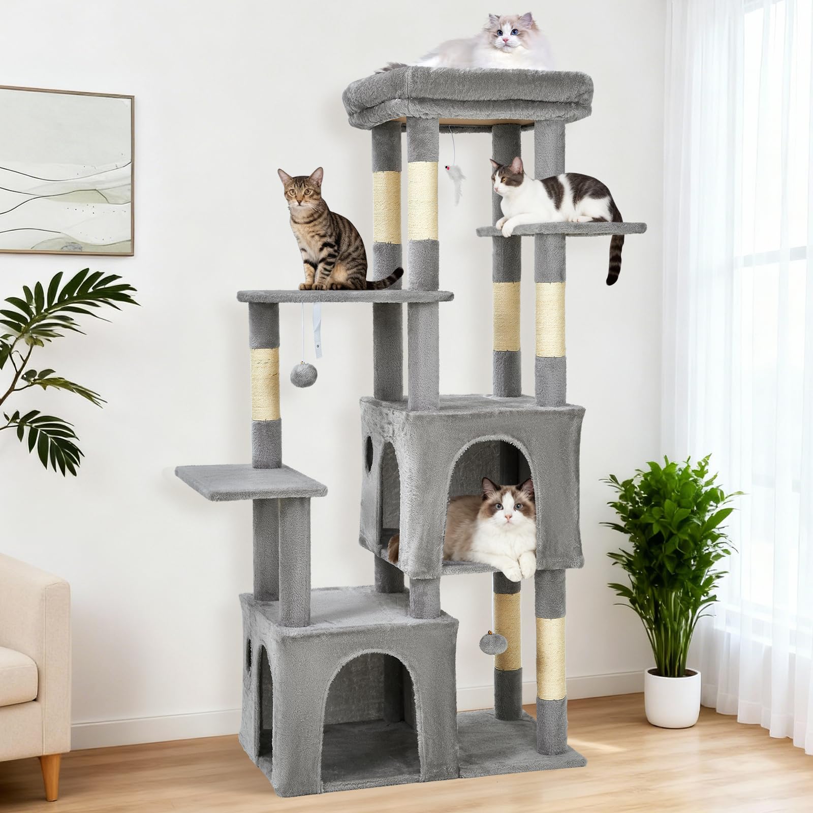 GarveeHome Torre Rascadora para Gatos Grandes - Árbol De 156 cm con 7 Postes De Sisal Natural, Plataforma Extra Grande y 2 Casas, Estructura Robusta para Maine Coon y Gatos Pesados - Gris