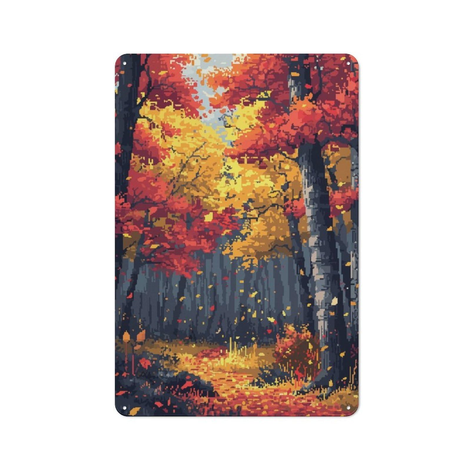 Junmoney Autumn Trees Pixel Art Industrial-Style Metal Plaque 30X20cm For Workshop Wall, For Vintage Wall Decor Fans, For Themed Room Decoration