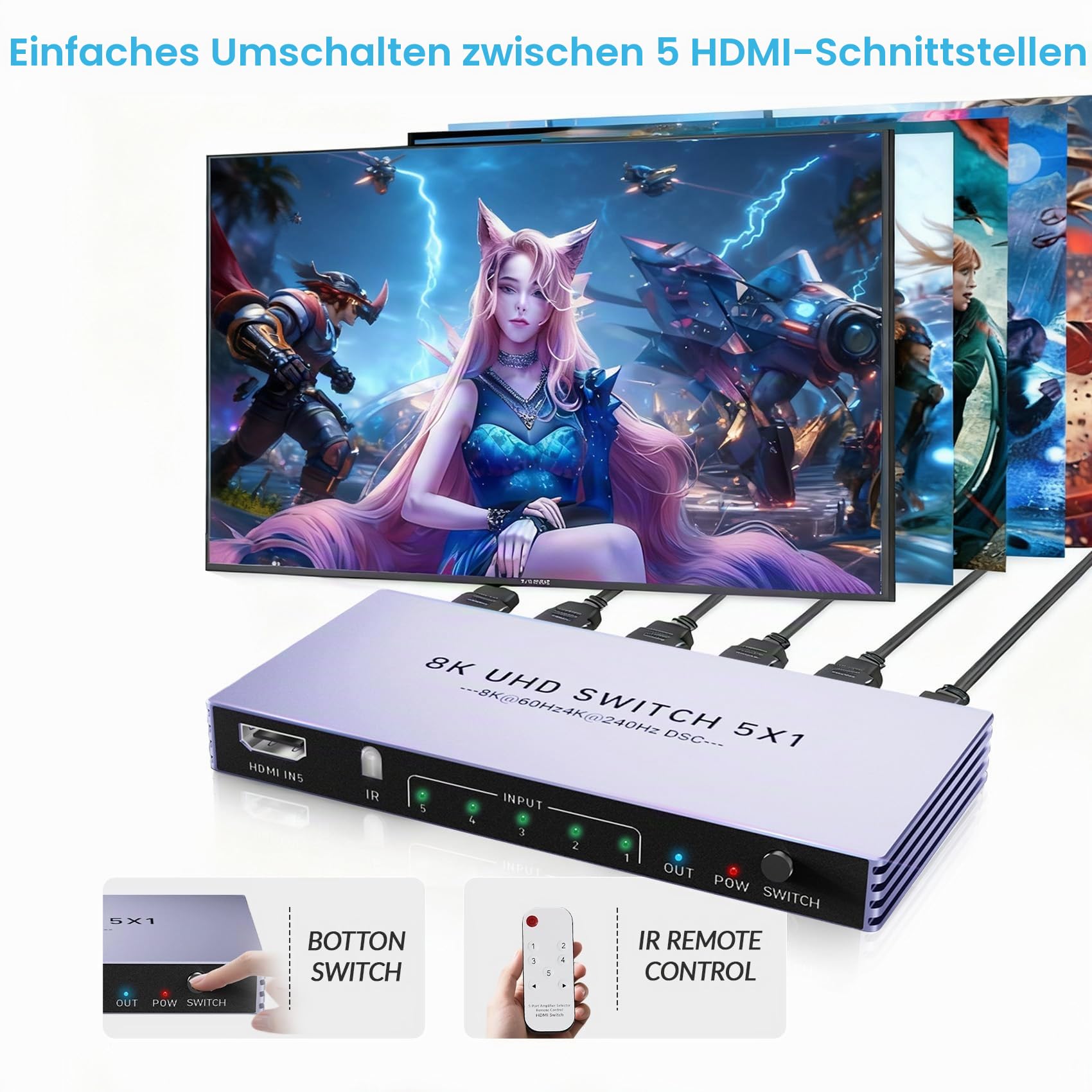 8K HDMI Splitter 4K 240Hz HDMI Switch 5 in 1 Out - 5 Port Switcher mit Fernbedienung 8K@60Hz 4K @ 240Hz HDR10+ HDMI2.1 3D CEC HDR HDCP2.3, verwendet für PS5/4/3 Xbox DVD Player Nintendo Roku PC Fire