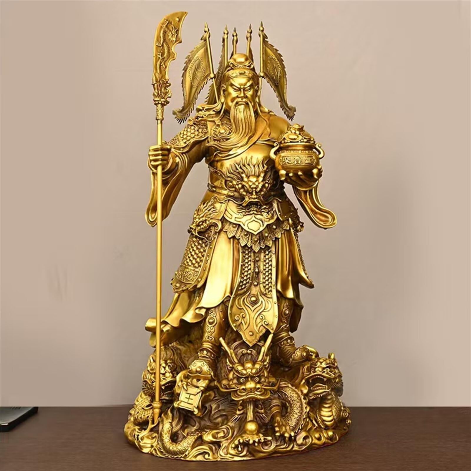 Wystrój domu: Figurka Guan Gong z czystej miedzi, dziewięć smoków z flagami, mosiężna statua Guan ER Ye, bóg bogactwa, feng shui rzemiosło do sal