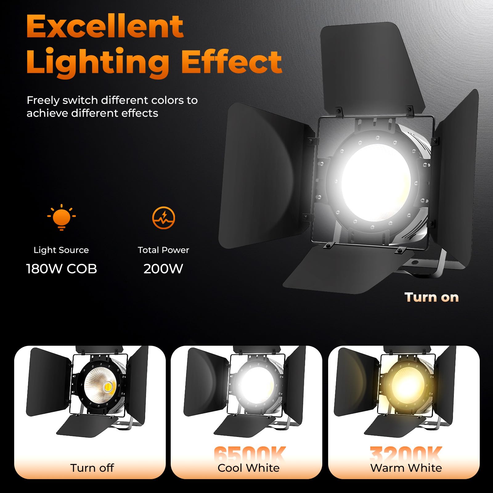 Faretto 2 in 1 LED, da 200 W COB, ideale per l’illuminazione da palcoscenico e per esterni, con grado di protezione IP64, con modalità di controllo DMX-512 Master/Slave, sound, auto