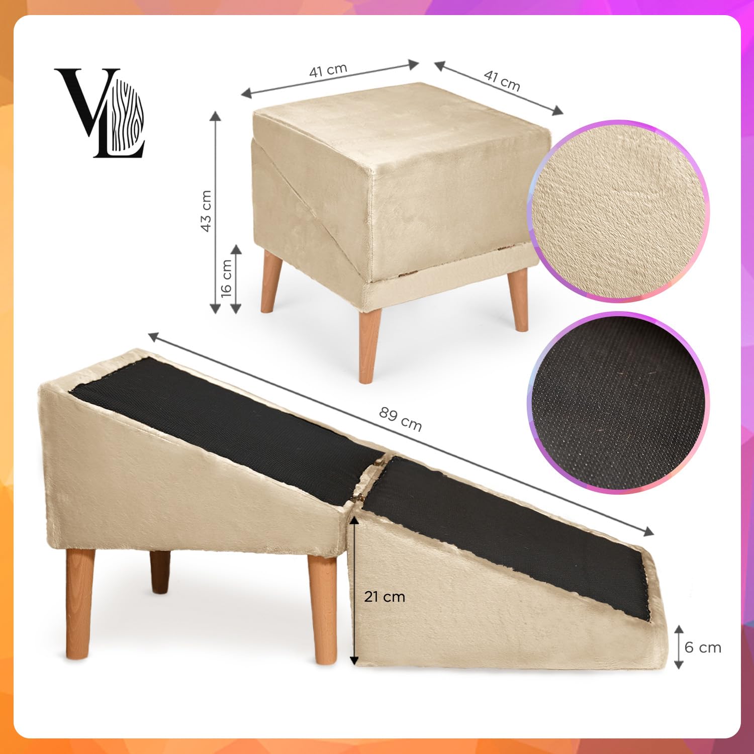 VELORA H&L Rampe pour Chien Beige - 2 en 1 Pouf et Rampe pour Chien, Escalier Pliable, Structure en Bois Robuste, Revêtement en Velours, Surface Antidérapante pour Chiens et Chats