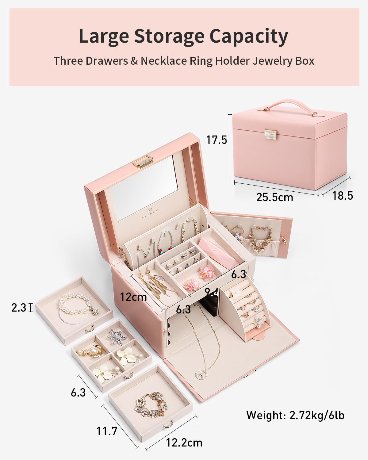 Vlando Portagioie In Pelle Con Specchio E Serratura - Organizer Con 4 Strati Per Anelli, Collane E Orecchini