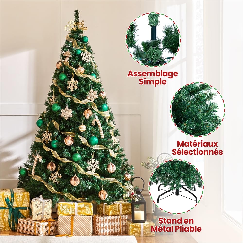 Yaheetech Sapin de Noël Artificiel 183 cm, Montage Rapide à Charnières | Arbre de Noël 1000 Branches en PVC avec Support Pliable en Métal, Pieds en Caoutchouc Antidérapants pour Maison, Bureau