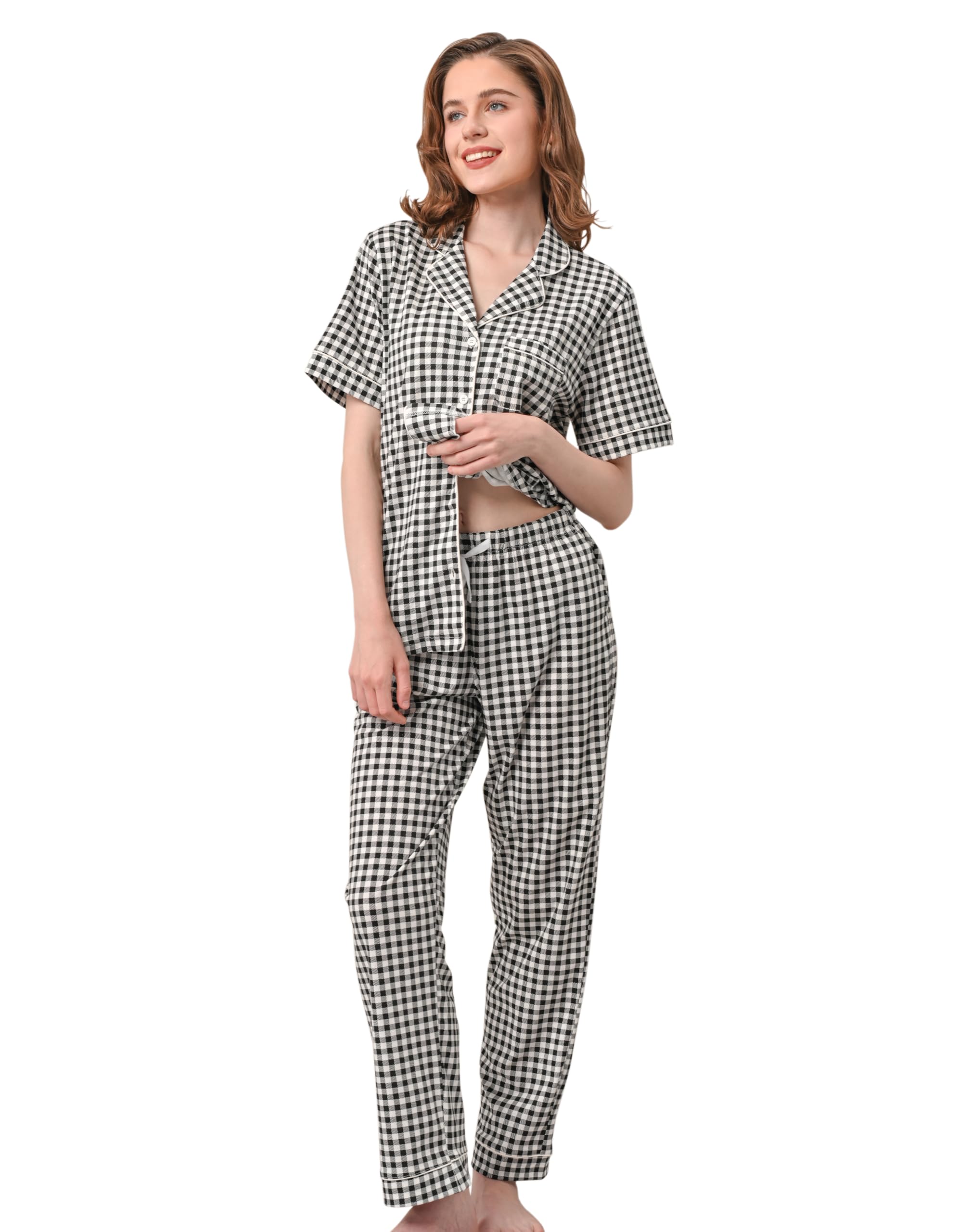 NAP BOUND 100% Cotton Women's Pajama Sets Short Sleeve Button Down Soft Pjs 2 Piece Lounge Set with Pocket Nightwear XS-XXL