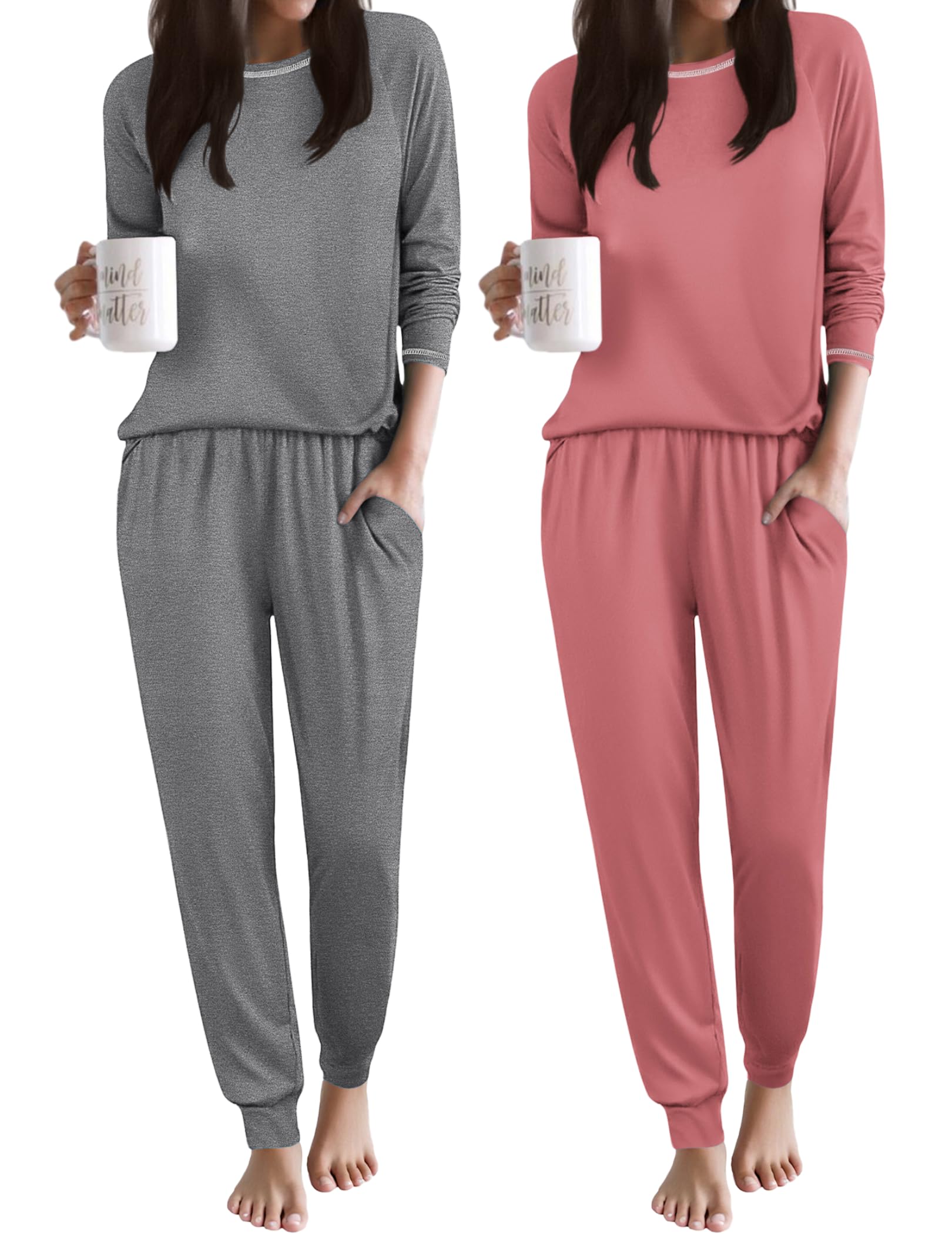 Ekouaer 2 Pack Womens Pajama Set Soft Pjs Long Sleeve Top With Jogger Pants Lounge Sets Sleepwear Loungewear
