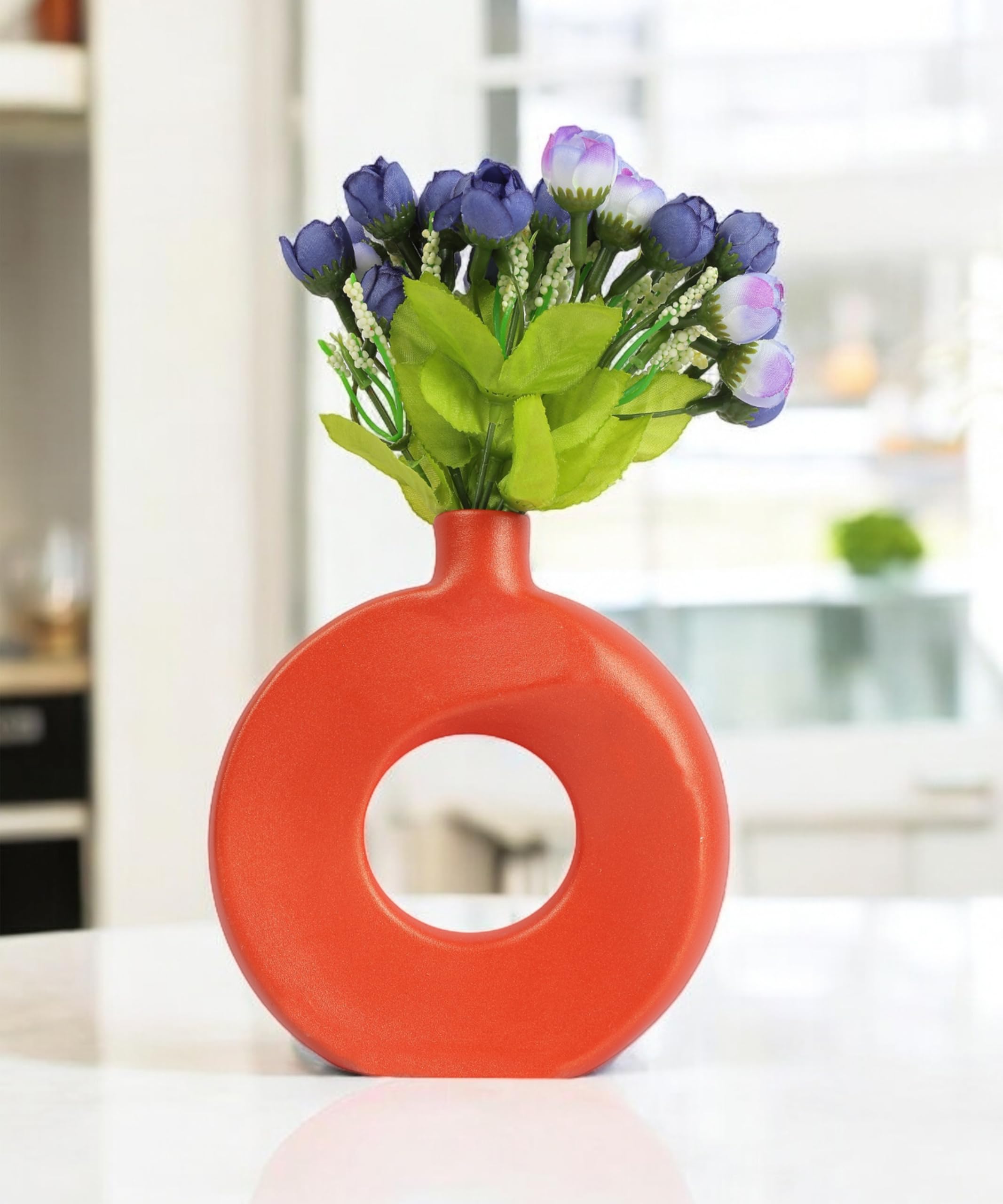 SPHINX Combo Ceramic Donut Vase with 2 Peony Bunch, Vase Home Decor Centrepiece Decor for Home, Office, or Gifts - (Orange, 6 inch) Bunch Colour Will be Assorted