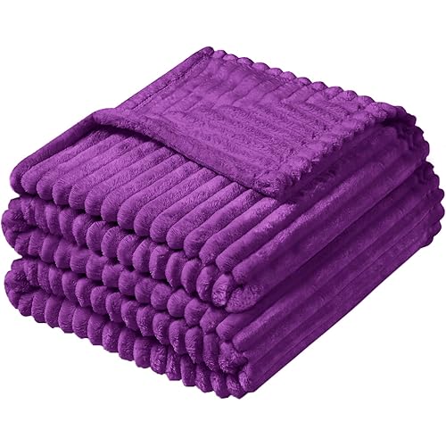 Vessia Flannel Fleece Twin Blanket for Couch,Sofa,Bed, 300GSM Striped 60x80inch Purple Blanket for Adults and Kids, Super Soft Warm Cozy Lightweight Ribbed Throw for All-Season