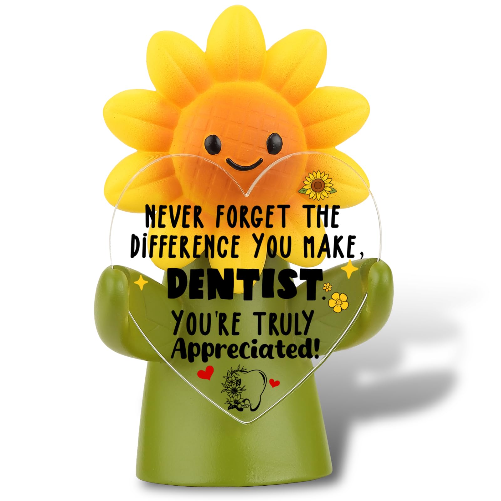 Cadeau de remerciement dentiste figurine tournesol et plaque cœur