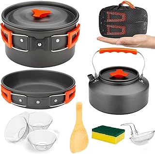 Techshining 11pcs Camping Cookware Set for Backpacking - Lightweight, Foldable, Pot, Frying Pan, and Kettle for 2-3 People