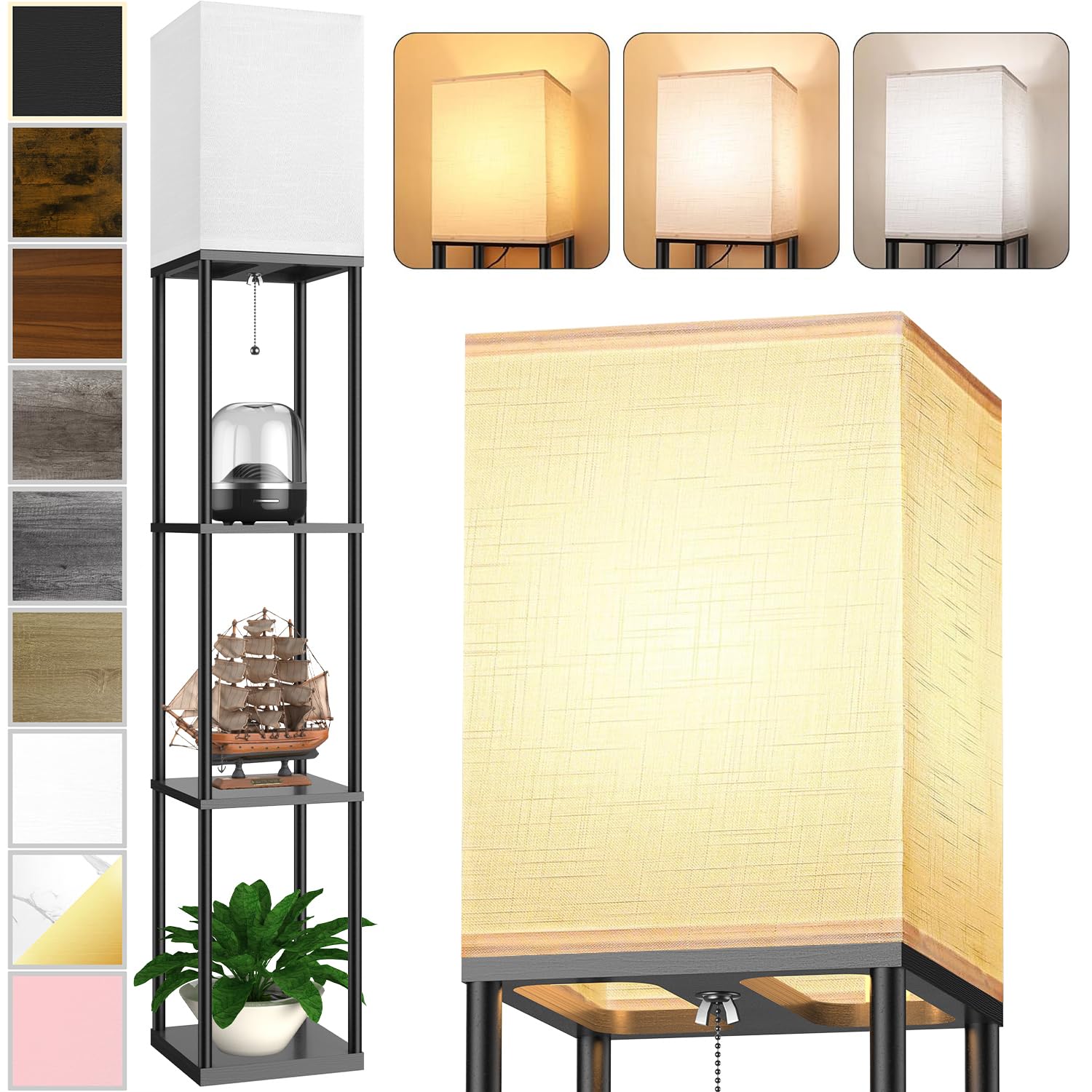 Floor Lamp with Shelves for Living Room, Shelf Floor Lamp with 3 CCT LED Bulb, Corner Display Standing Column Lamp Etagere Organizer Tower Nightstand with White Linen Shade for Bedroom, Office