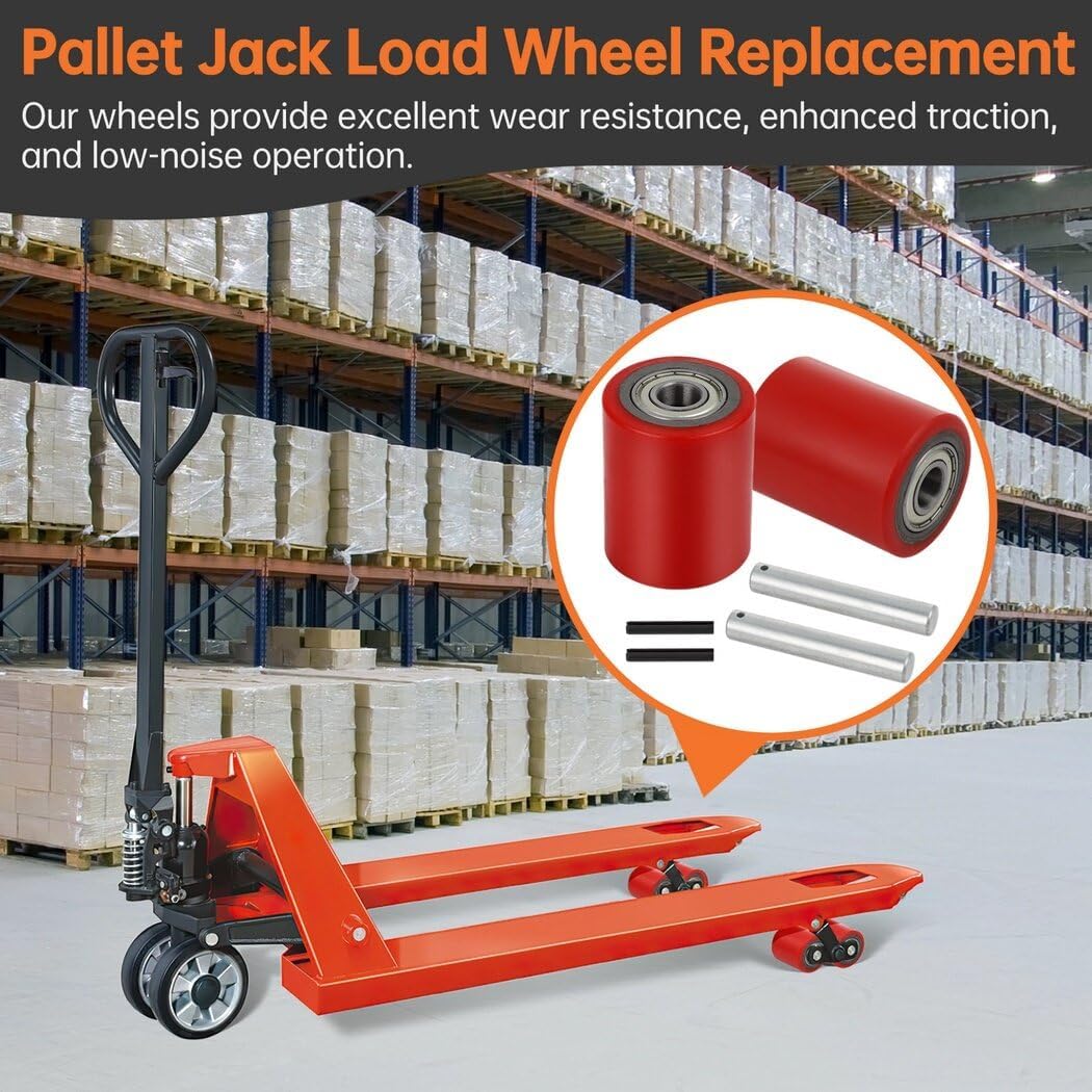 1 Pair Pallet Jack Load Wheels, Manual Pallet Jack Truck Wheels 3” x 3.75” with Bearings ID 20mm, Pallet Jack and Lift Truck Rear Wheel Replacement, Red(1 Pair)
