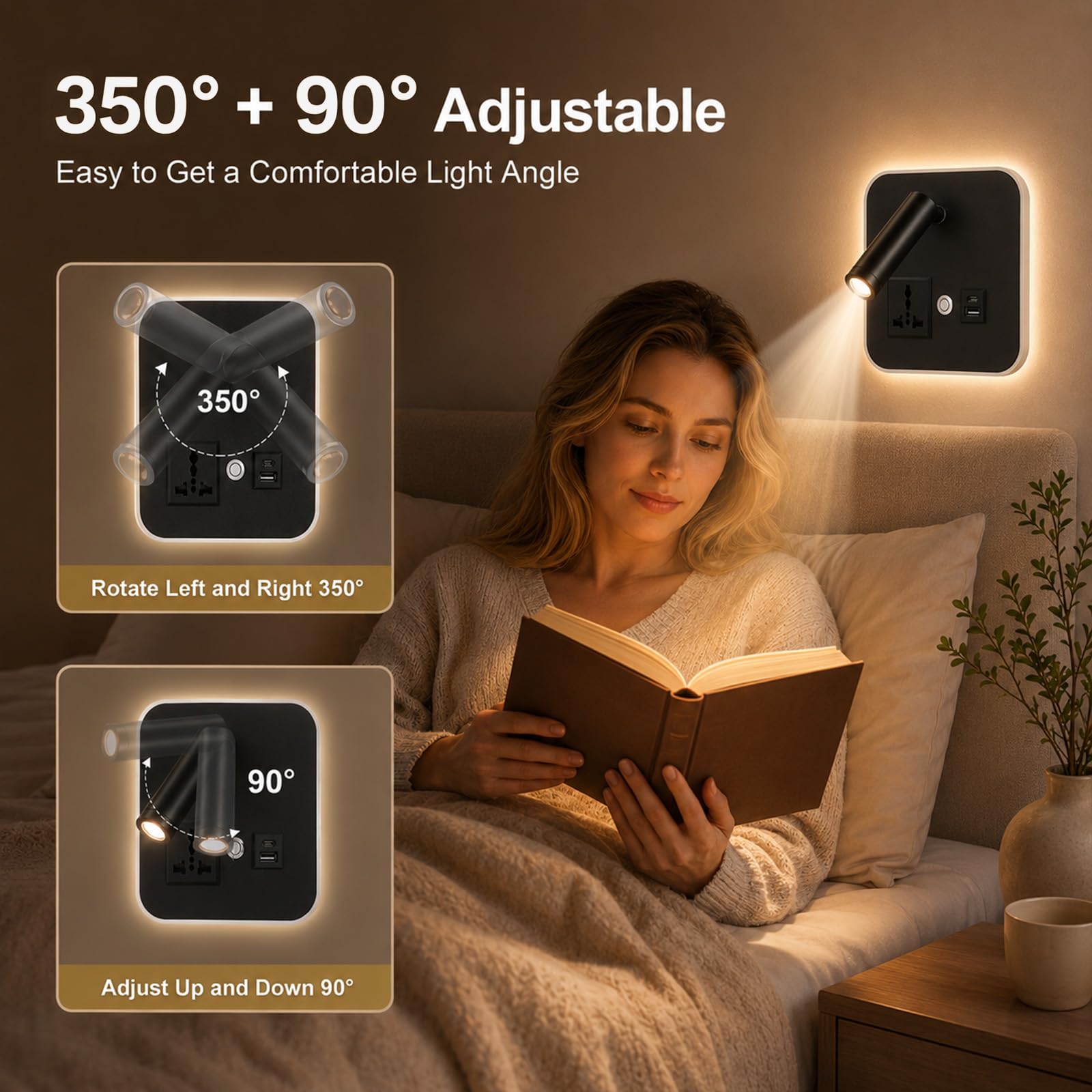 Lámpara de pared LED, 12W 3000K Lámpara De Lectura con puerto USB A+C, aplique pared regulable con cabezal orientable 350°, lámpara con puerto USB para dormitorio y salón, aluminio negro