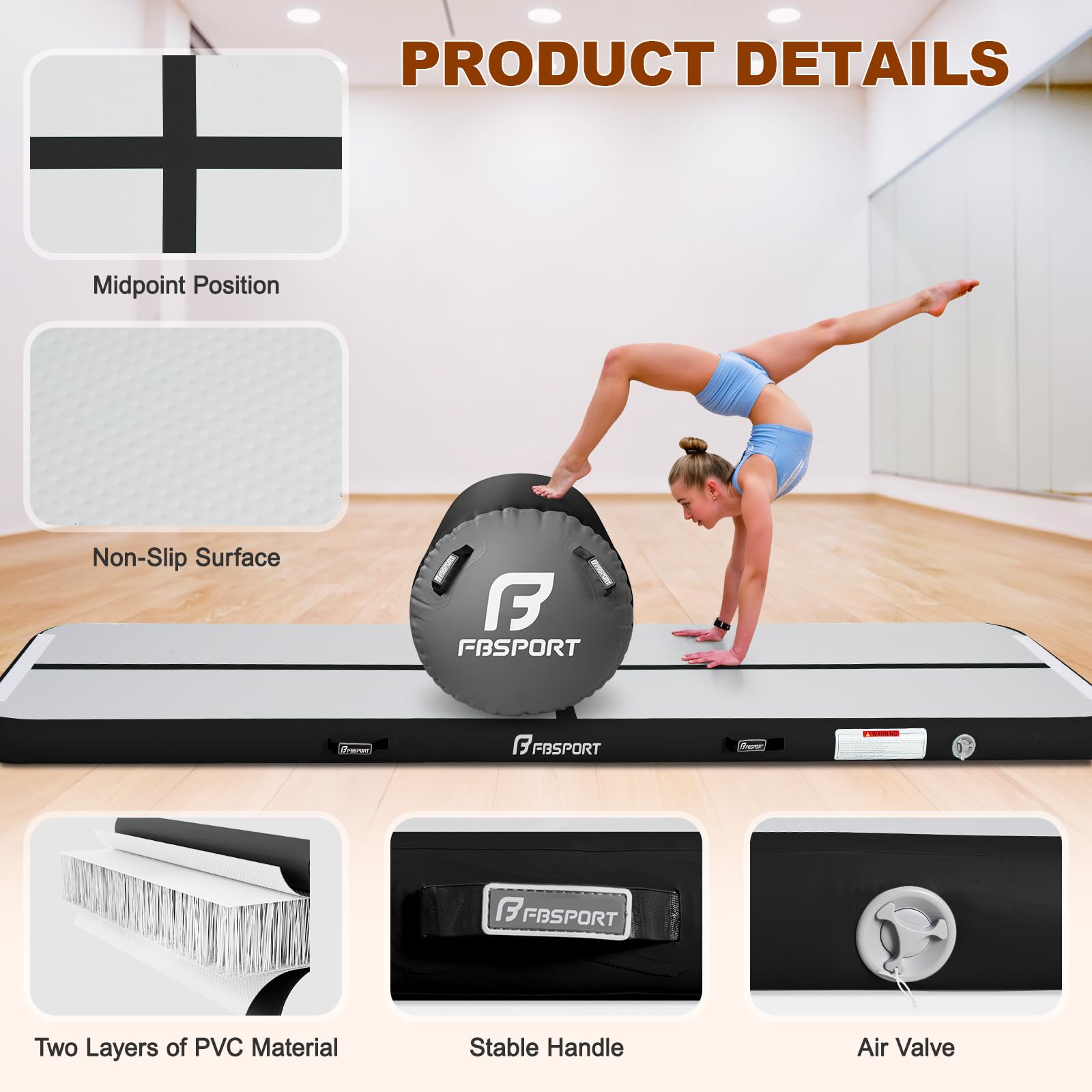 FBSPORT Airtrack Matte mit 100x60cm Air Roll, 10cm Hoch Verdicken 3/4M Tumbling Matte,Gymnastikmatte mit Luftpumpe,Trainingsmatte mit Tragetasche,Turnmatte für Zuhause, Outdoor,Yoga