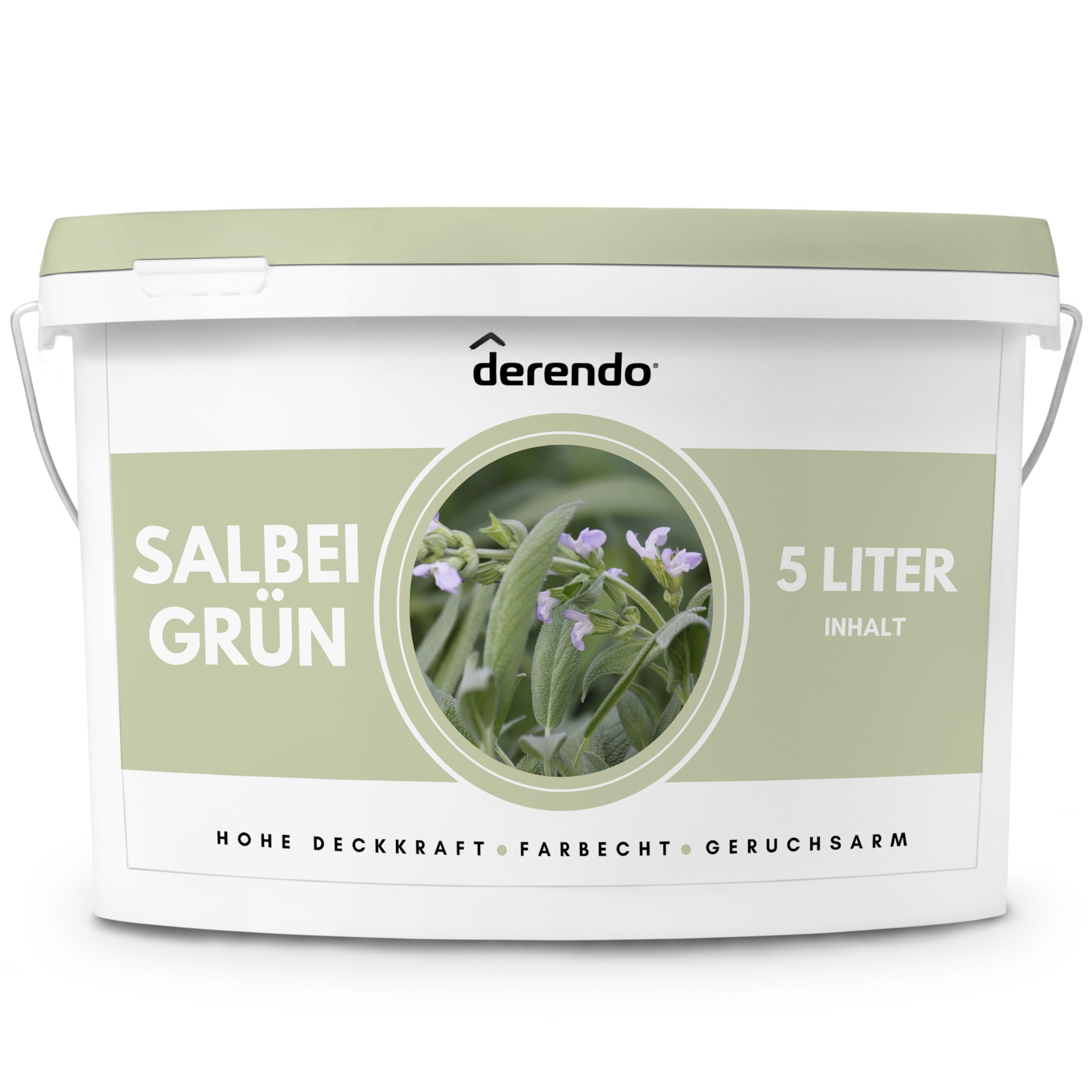 derendo Exklusive Wandfarbe grün 5L, hohe Deckkraft, Dispersionsfarbe innen, Innenwandfarbe Raumfarbe Salbeigrün, Deckkraftklasse 2, hochdeckende Innenfarbe Profi Qualität