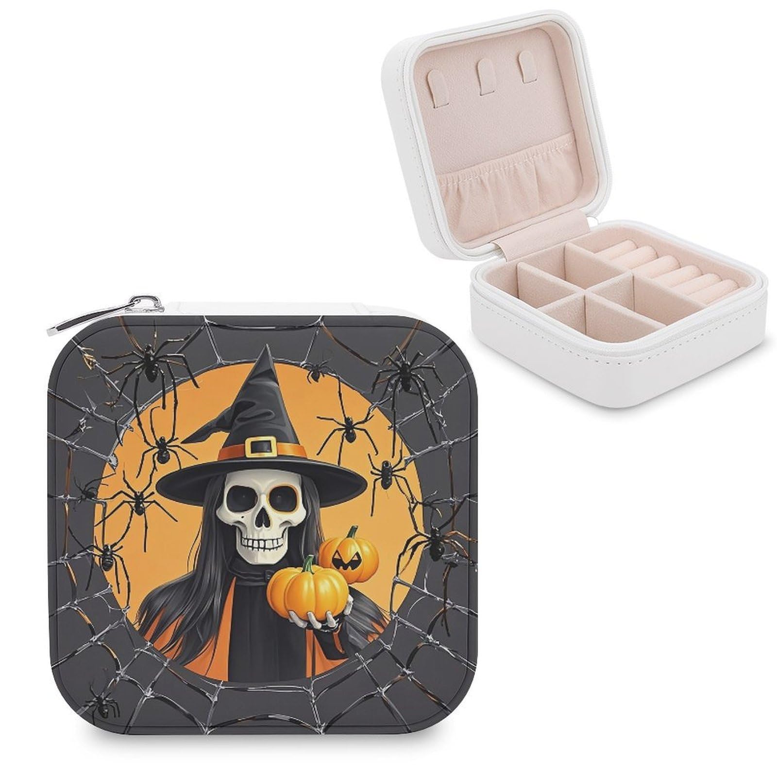 VstaDank Skeleton Spider Web Travel Jewelry Case Zipper Portable Small Jewelry Box Custom Pu Leather Mini Traveling Jewelry Organizer for Rings Earrings Necklace Bracelet Girls Women