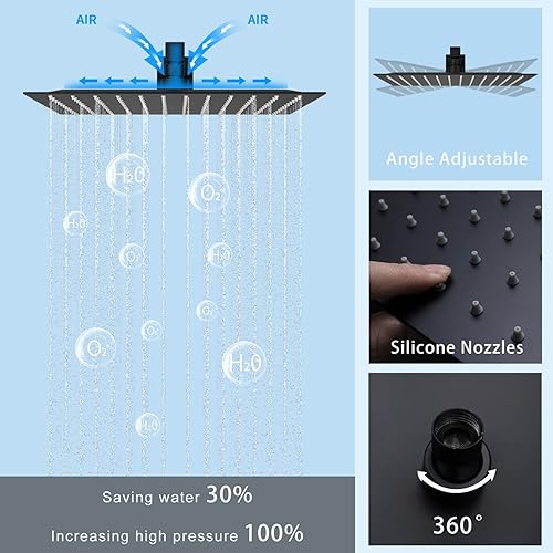 Miniatura 3 de Sistema de ducha negro mate de 12 pulgadas, juego completo de grifo de ducha montado en la pared, sistema de ducha de cuerpo completo con chorros