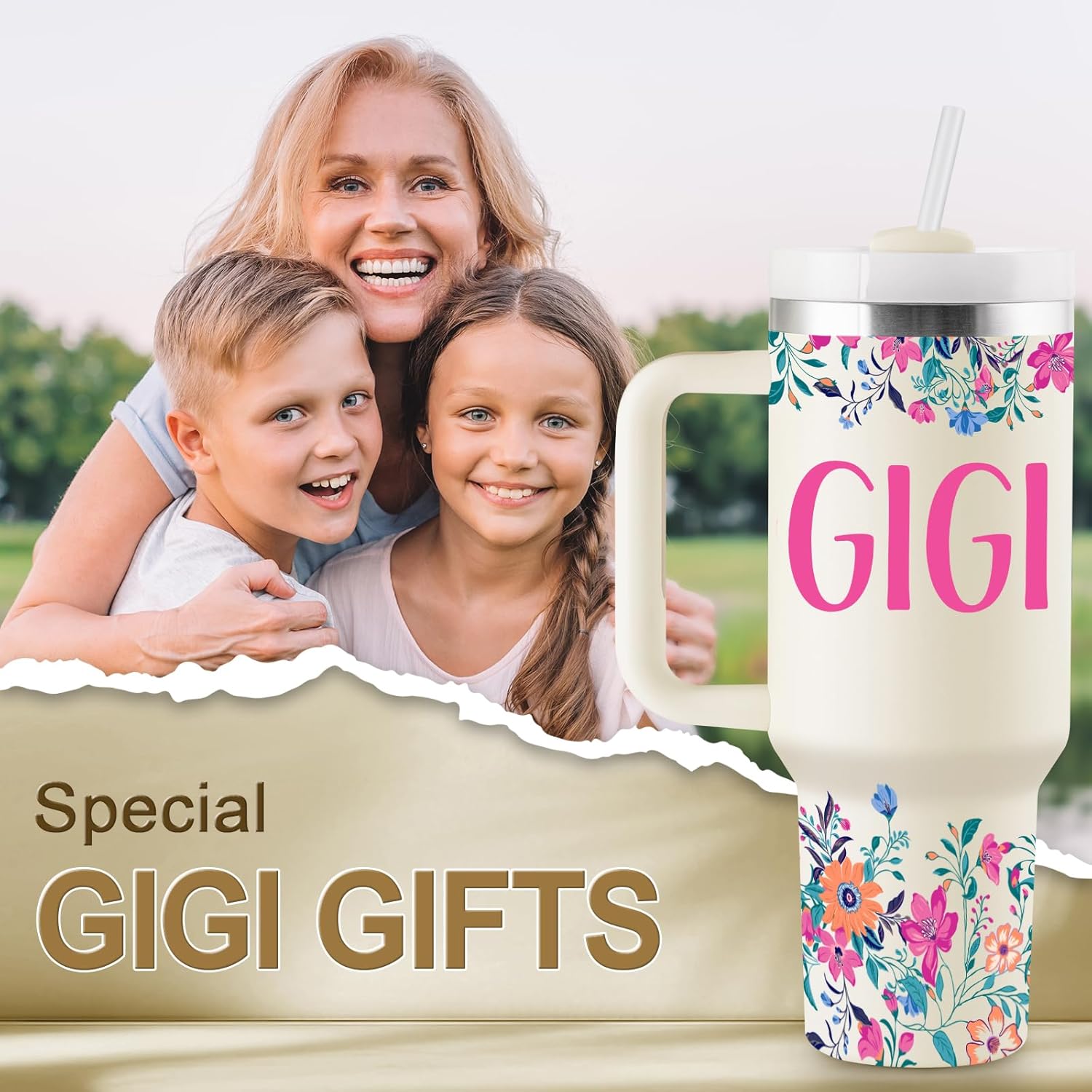 Gigi Gifts for Grandma Birthday Gifts for Gigi from Grandkids Best Grandma Gift for Christmas Mothers Day 40oz Travel Cup Insulated Tumbler with Lid & Straw - Image 2