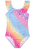 Girls Swimsuits Ruffled Round Neck One Piece Bathing Suits Quick Dry UPF 50+ Summer Hawaii Swimwear for Kids 3-10T