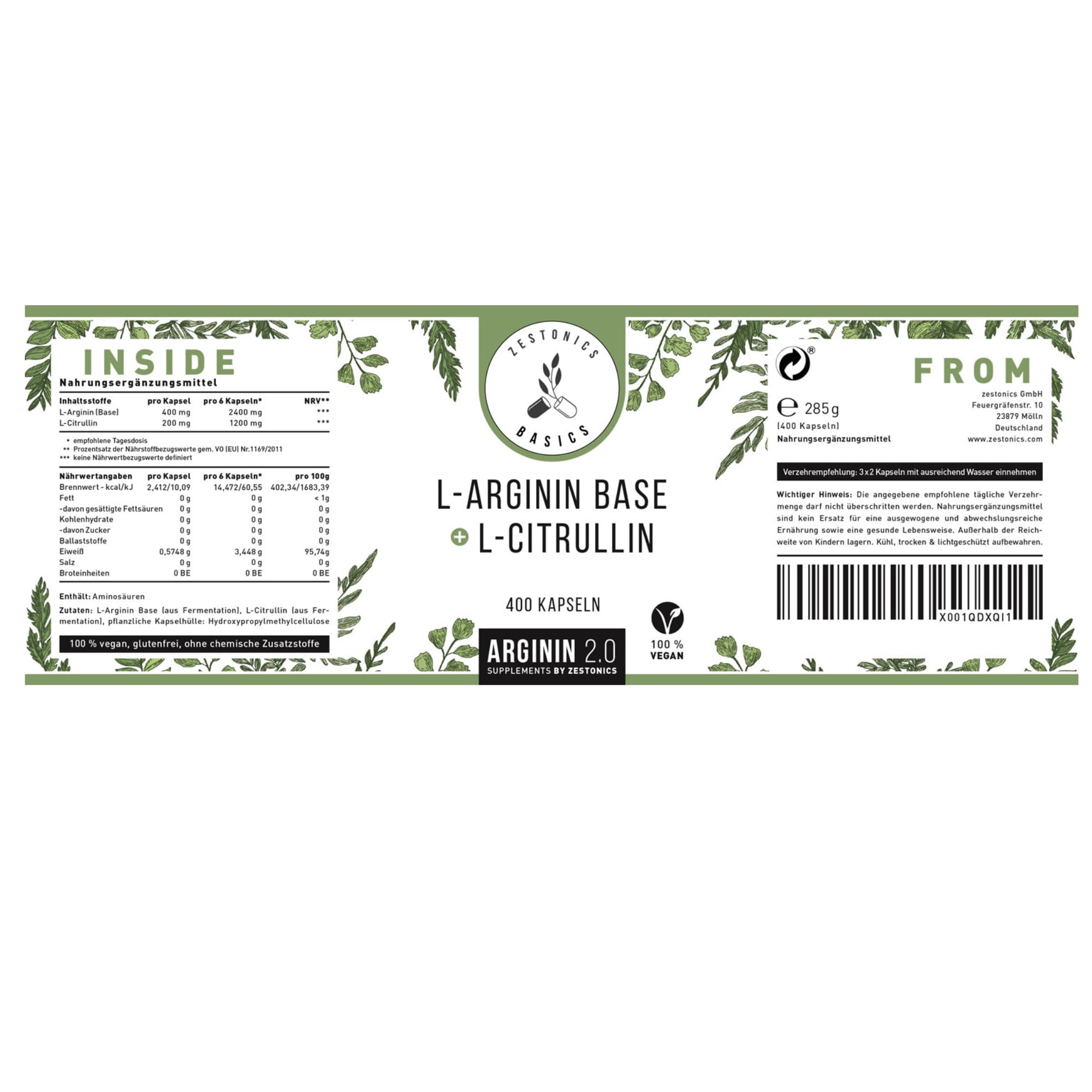 L-Arginin Base 2400mg & L-Citrullin 1200 mg - 400 Kapseln - Zestonics Basics