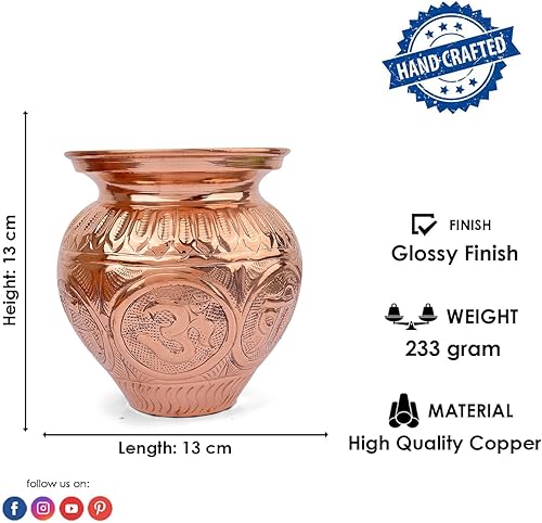 Miniatura 3 de SATVIK - 1 vaso de oración Puja Lota grabado en cobre, grabado en relieve, kalash, swástik om, diseño de propósito, grabado a mano, accesorios
