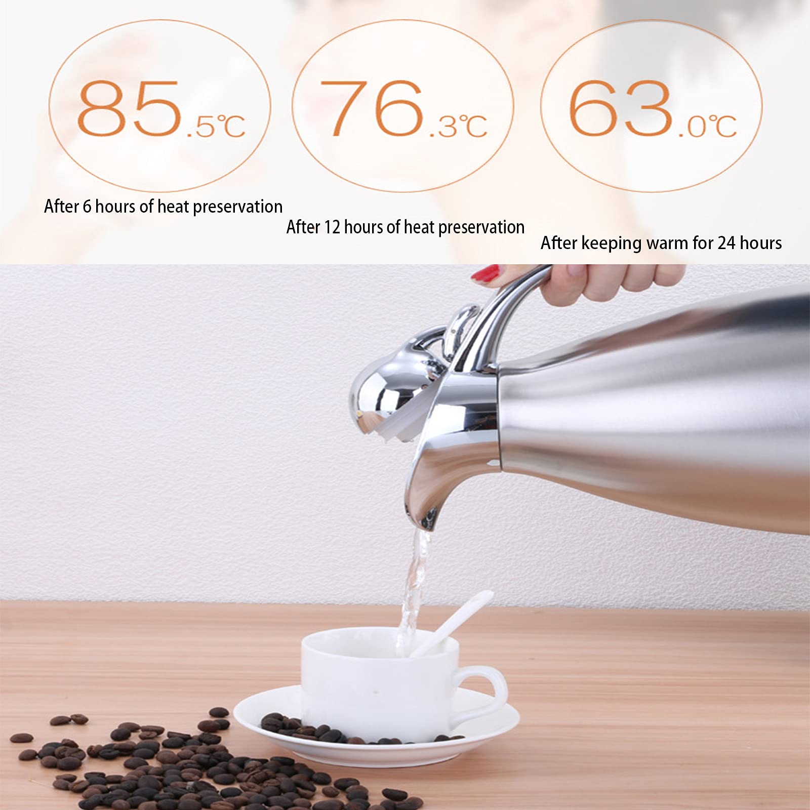 Caraffa Termica,thermos 2 litri,in Acciaio Inox 304 brocca/Thermos a Doppia Parete, isolata sotto Vuoto,per tè o caffè, chiusura a pressione, mantiene le bevande fredde e calde per 24 ore.